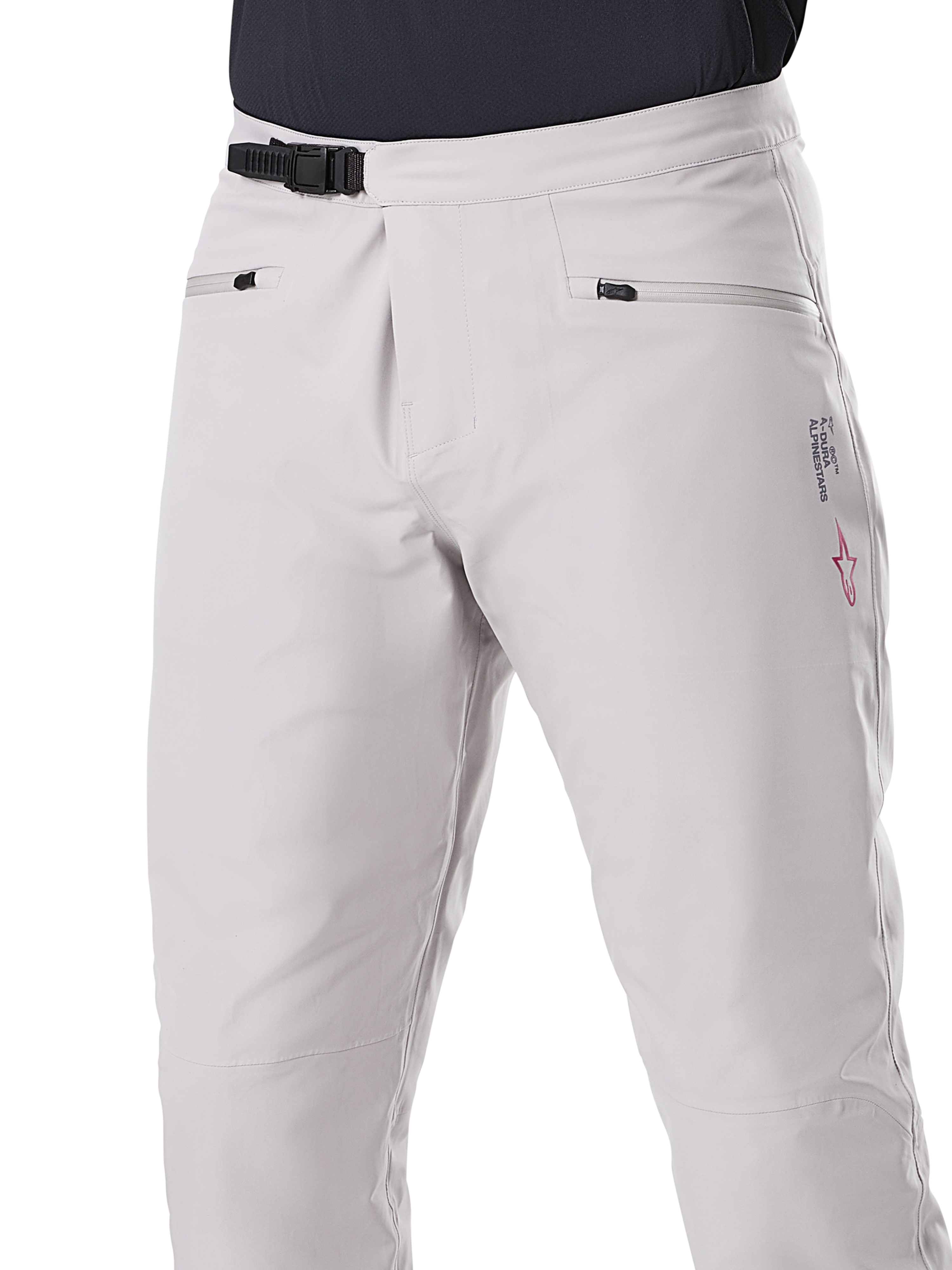 Alpinestars A-Dura Waterproof Pants, MTB-bukser, titaniumgrå, set forfra med sort rachet-taljelukning og håndlommer med lynlås, holdbar vandtæt konstruktion til mountainbiking