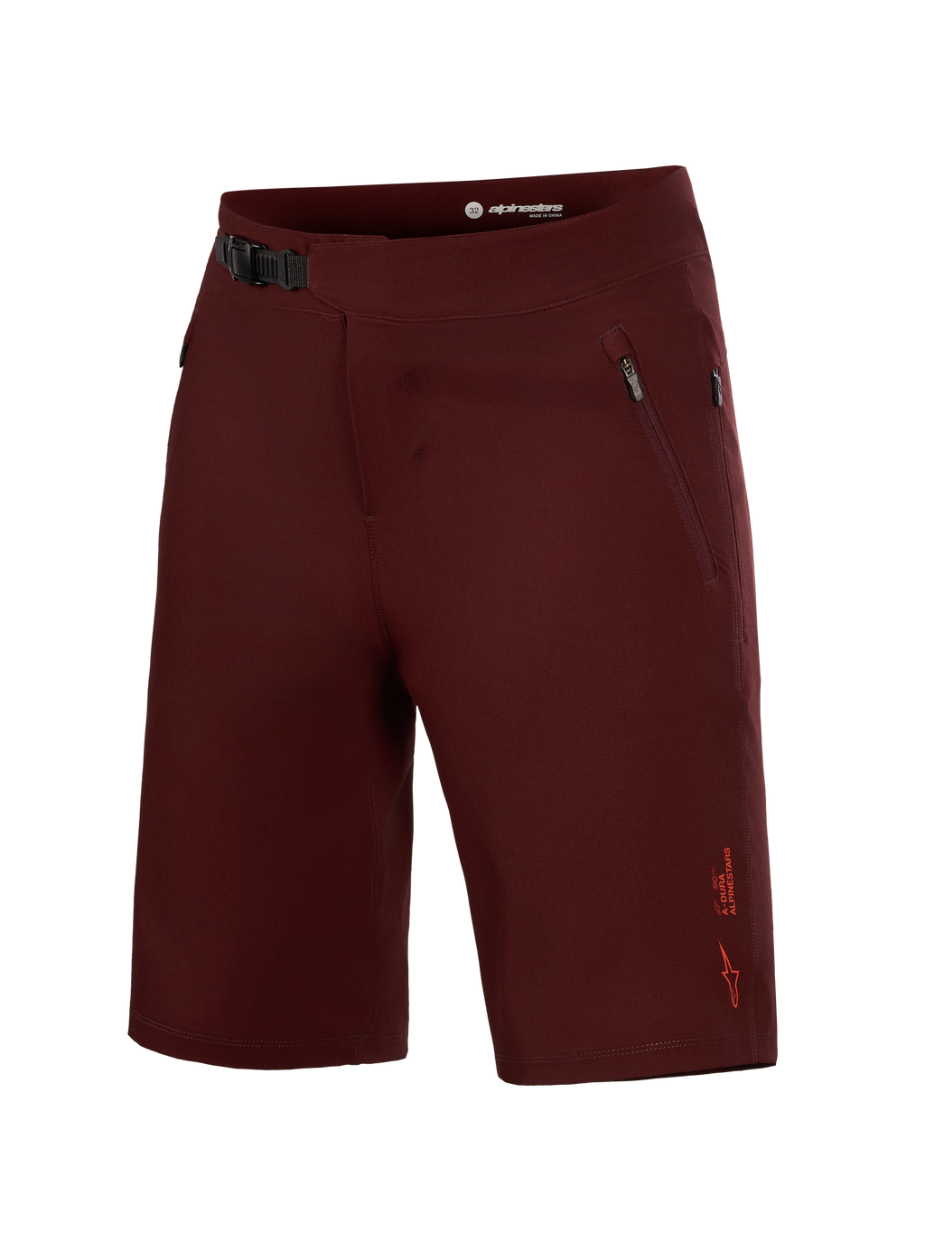 Alpinestars A-Dura Ride Liner shorts i bordeaux, MTB-udstyr med 4-vejs stræk, frontspænde og lynlåslommer på siden.