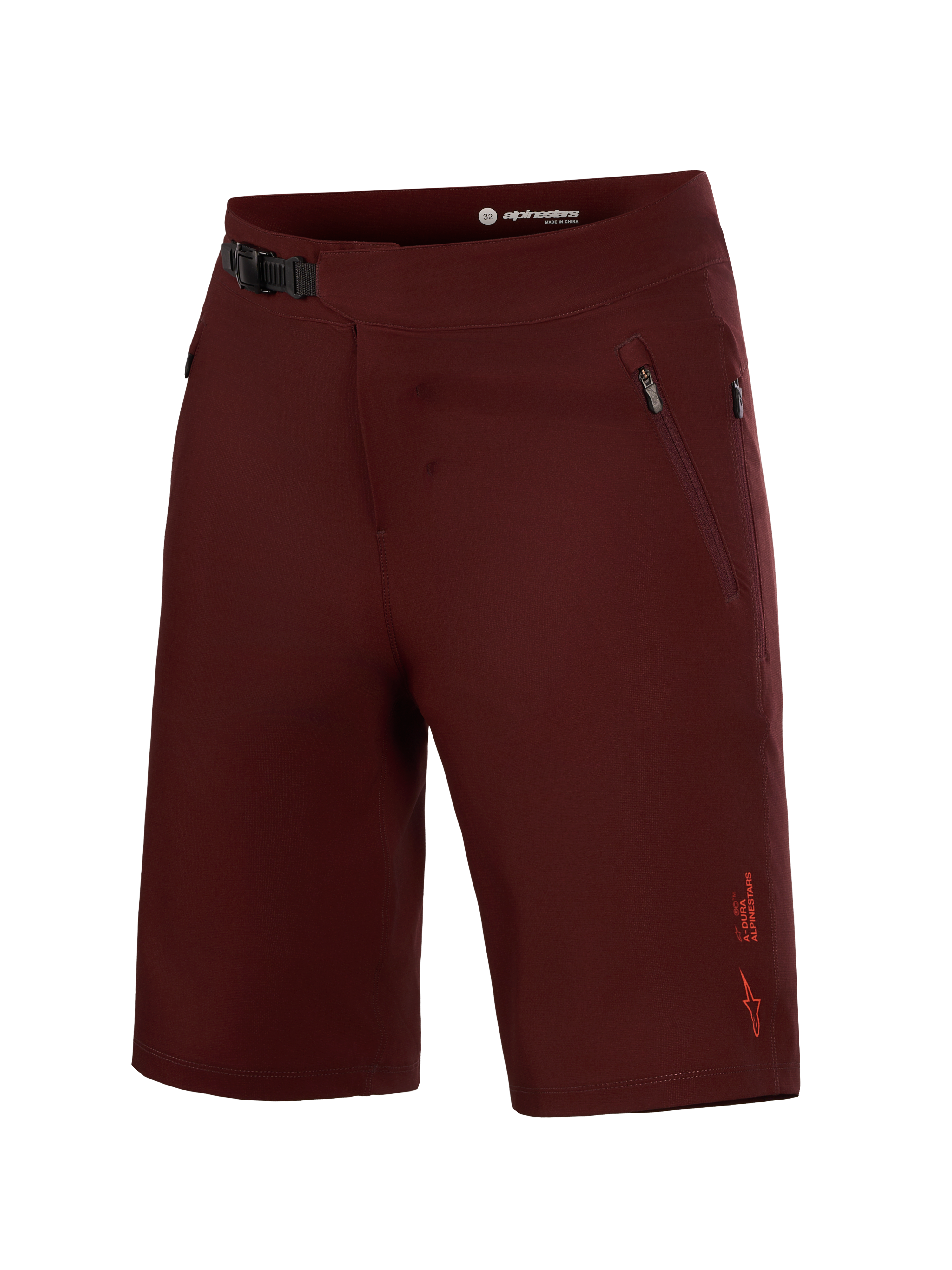 Alpinestars A-Dura Ride Liner shorts i bordeaux, MTB-udstyr med 4-vejs stræk, frontspænde og lynlåslommer på siden.