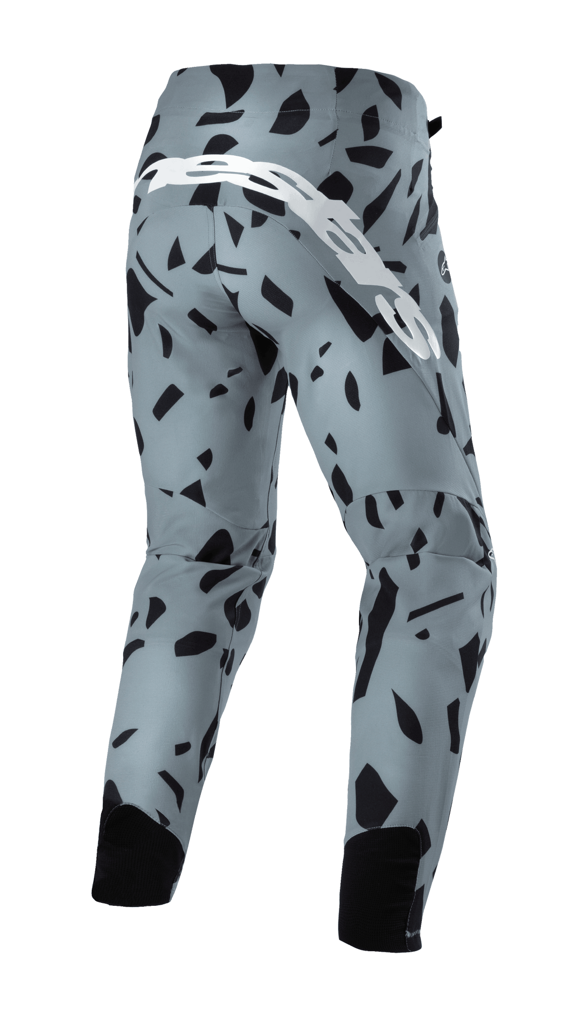 Alpinestars Techstar Envision bukser, mountainbike-bukser, askeblå med sort abstrakt geometrisk mønster, set bagfra med stort hvidt skriftlogo og sorte mesh-paneler på læggene, holdbart off-road cykeludstyr