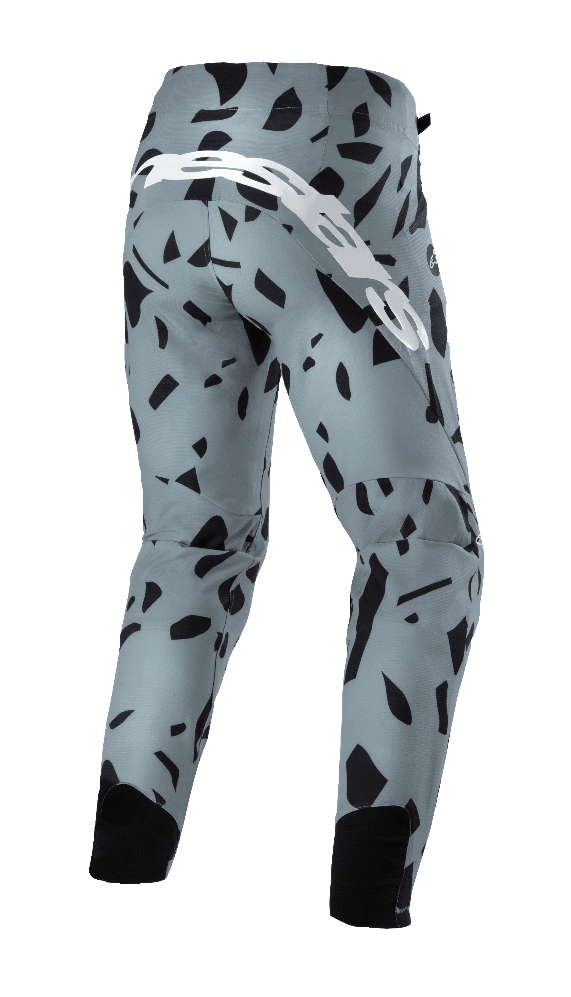 Alpinestars Techstar Envision bukser, mountainbike-bukser, askeblå med sort abstrakt geometrisk mønster, set bagfra med stort hvidt skriftlogo og sorte mesh-paneler på læggene, holdbart off-road cykeludstyr