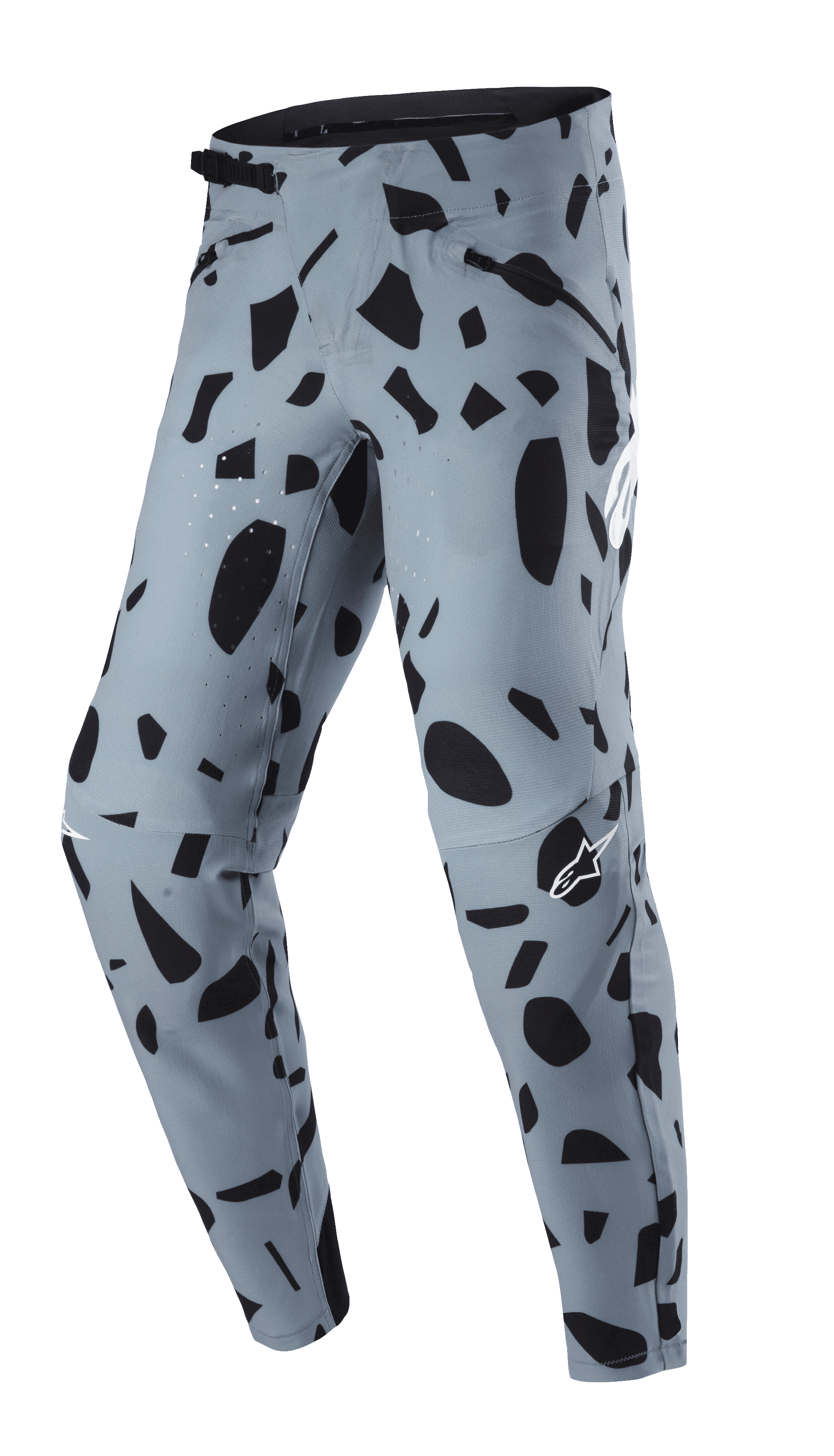 Alpinestars Techstar Envision bukser, MTB-bukser, aske-blå med sort abstrakt mønster, skralde-lukning i taljen og lynlåslommer, laserperforeret ventilation for åndbarhed, designet til mountainbike-kørsel