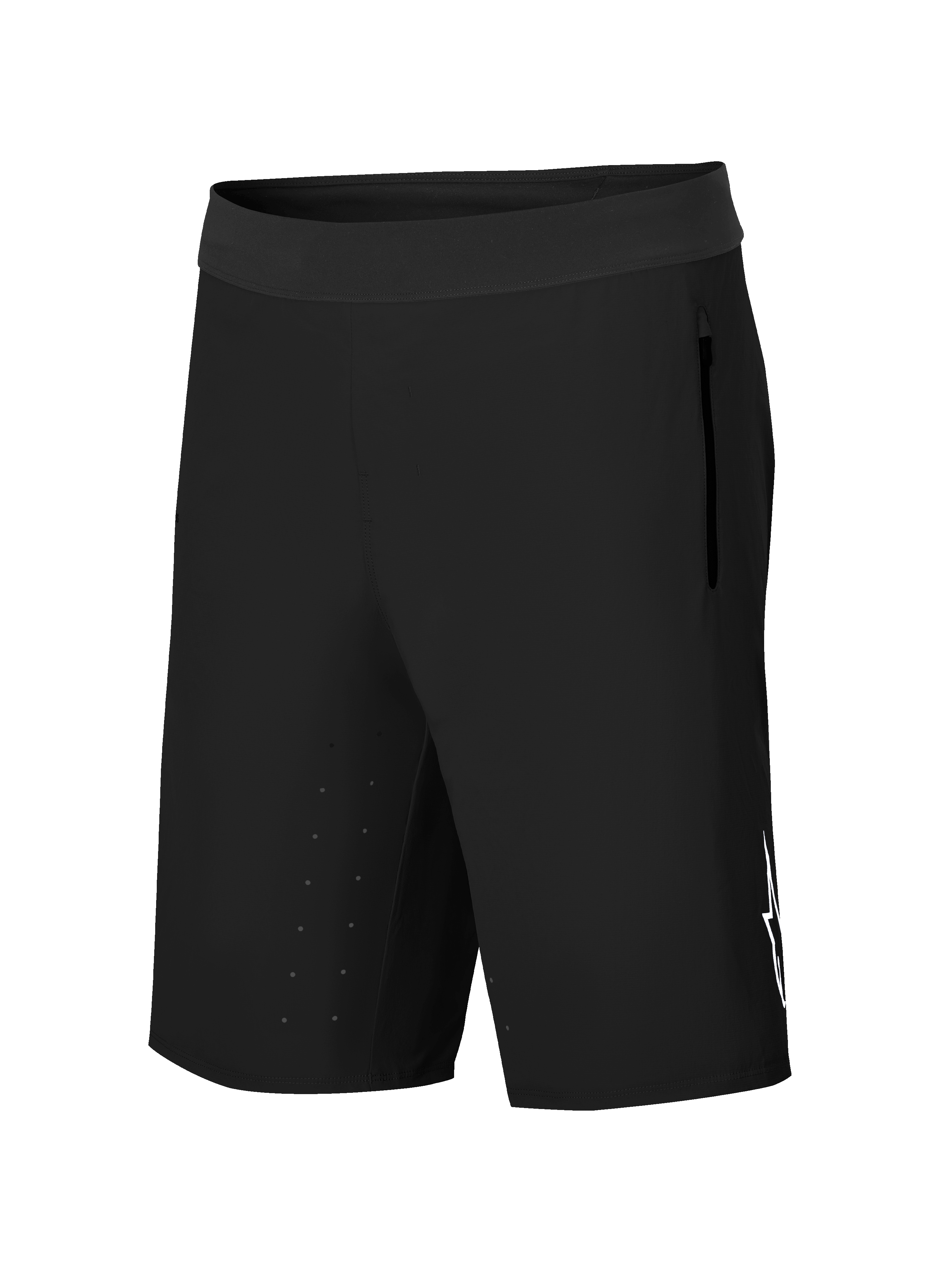Alpinestars A-Aria Lite Shorts, mountainbike-cykelshorts, sort, med bred linning, sidelomme med lynlås, laserskårne ventilationshuller på indersiden af låret og hvidt Astars-logo, performance trail-udstyr