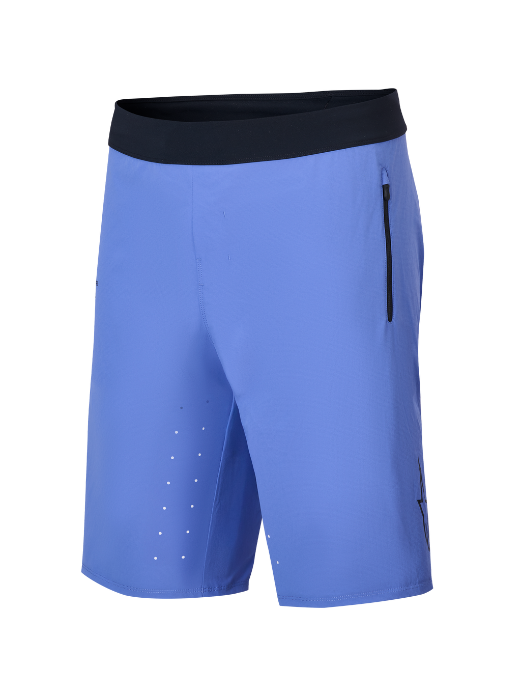 Alpinestars A-Aria Lite shorts, mountainbike-shorts, Baja Blue, med sort ultrablød linning, lodret sidelomme med lynlås, laserskårne ventilationshuller på indersiden af låret og en letvægts ydeevnepasform til trail-kørsel.