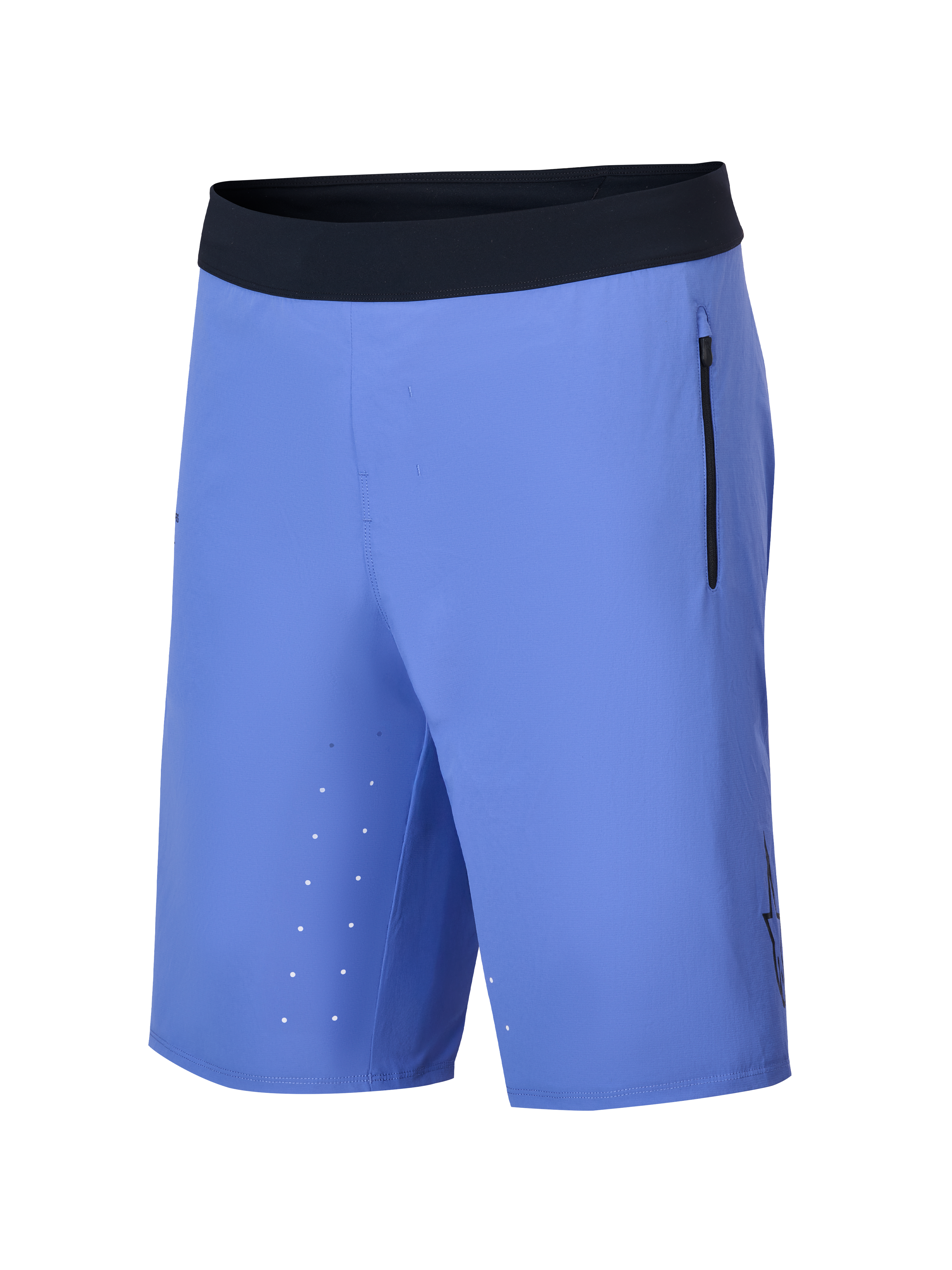 Alpinestars A-Aria Lite shorts, mountainbike-shorts, Baja Blue, med sort ultrablød linning, lodret sidelomme med lynlås, laserskårne ventilationshuller på indersiden af låret og en letvægts ydeevnepasform til trail-kørsel.