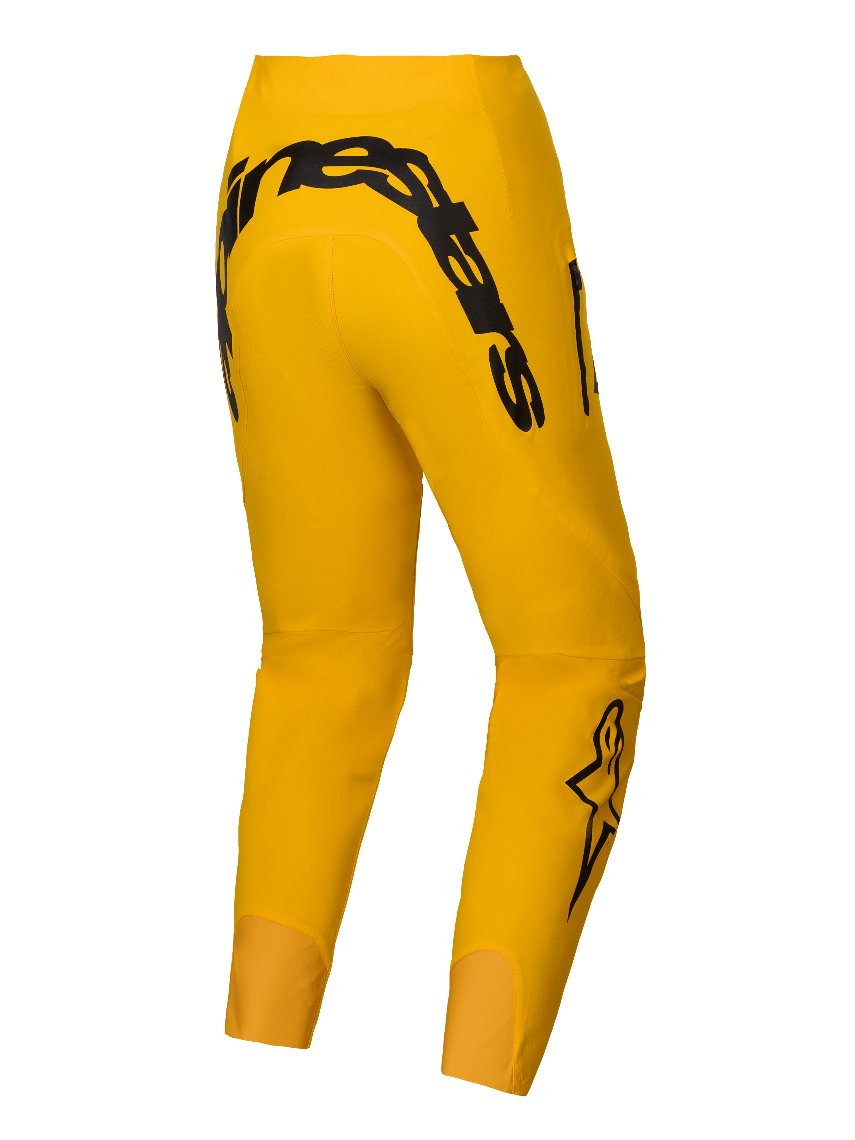 Alpinestars Begrænset Udgave A-Supra Melt Gold Bukser, mørkegule MTB-bukser til herre set bagfra med sort MX-inspireret Alpinestars-ordmærke på bagstykket og 4-vejs superstrækstof
