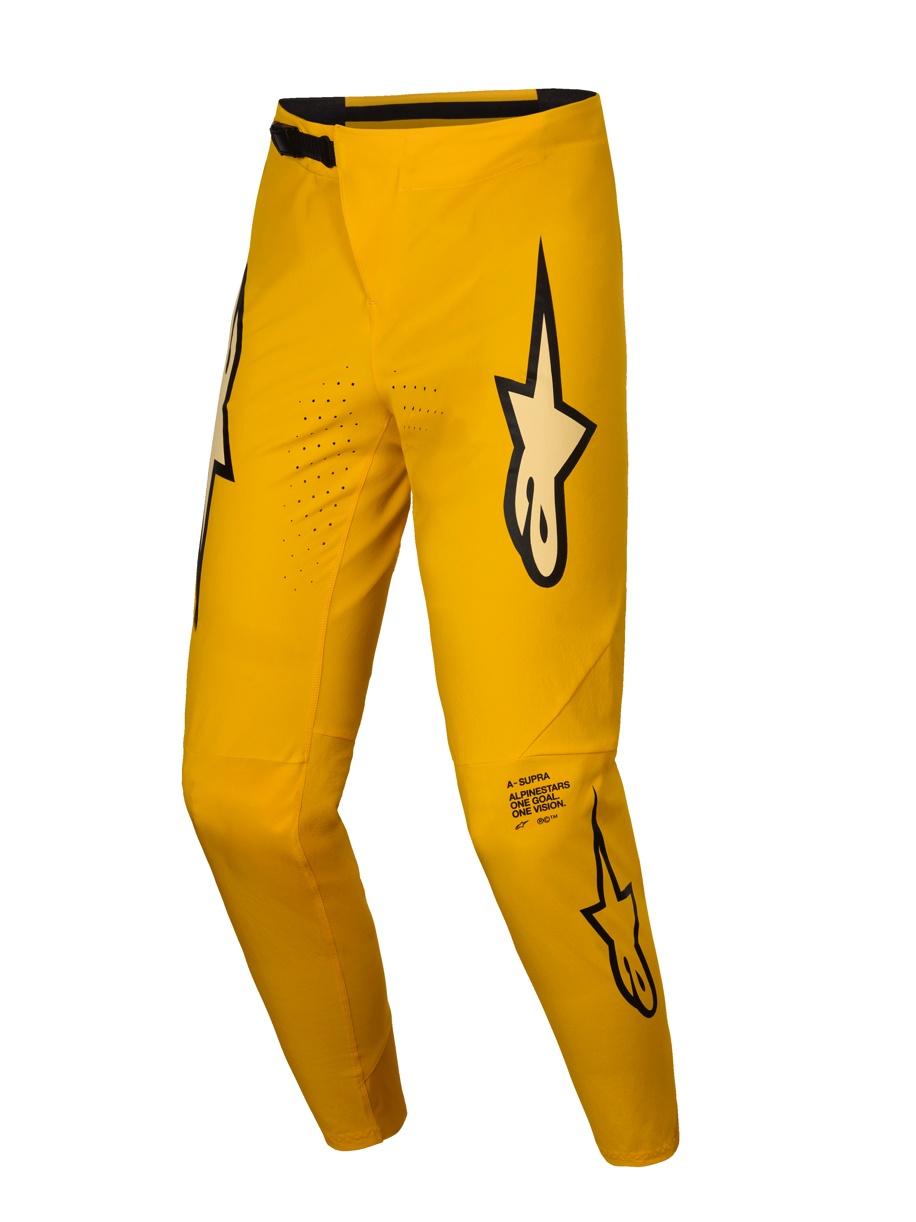 Begrænset Udgave A-Supra Melt Gold Bukser, mørkgule MTB-cykelbukser med laserperforeringer og signatur branding