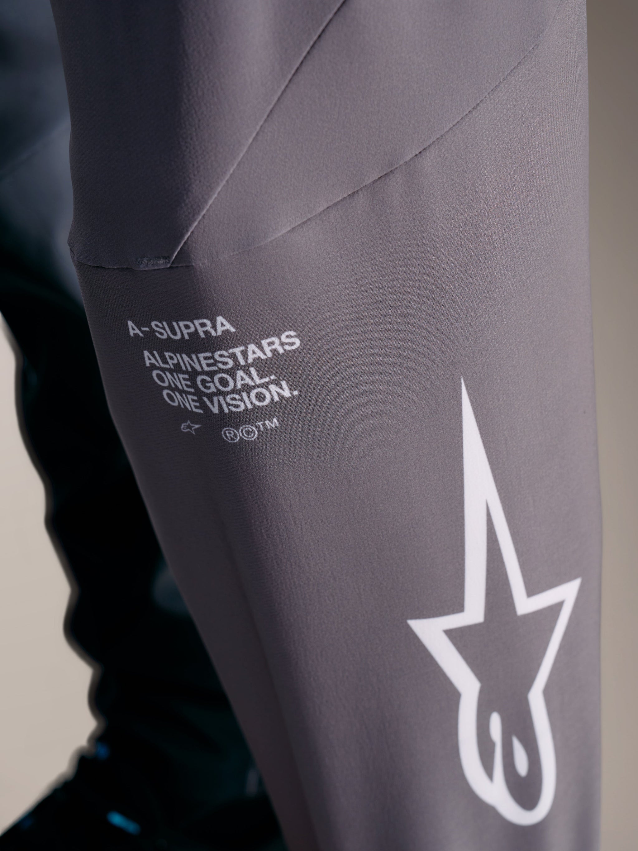 A-Supra Elite bukser i Faded Gray med hvidt Alpinestars-branding og 'One Goal. One Vision.' racing-motto.