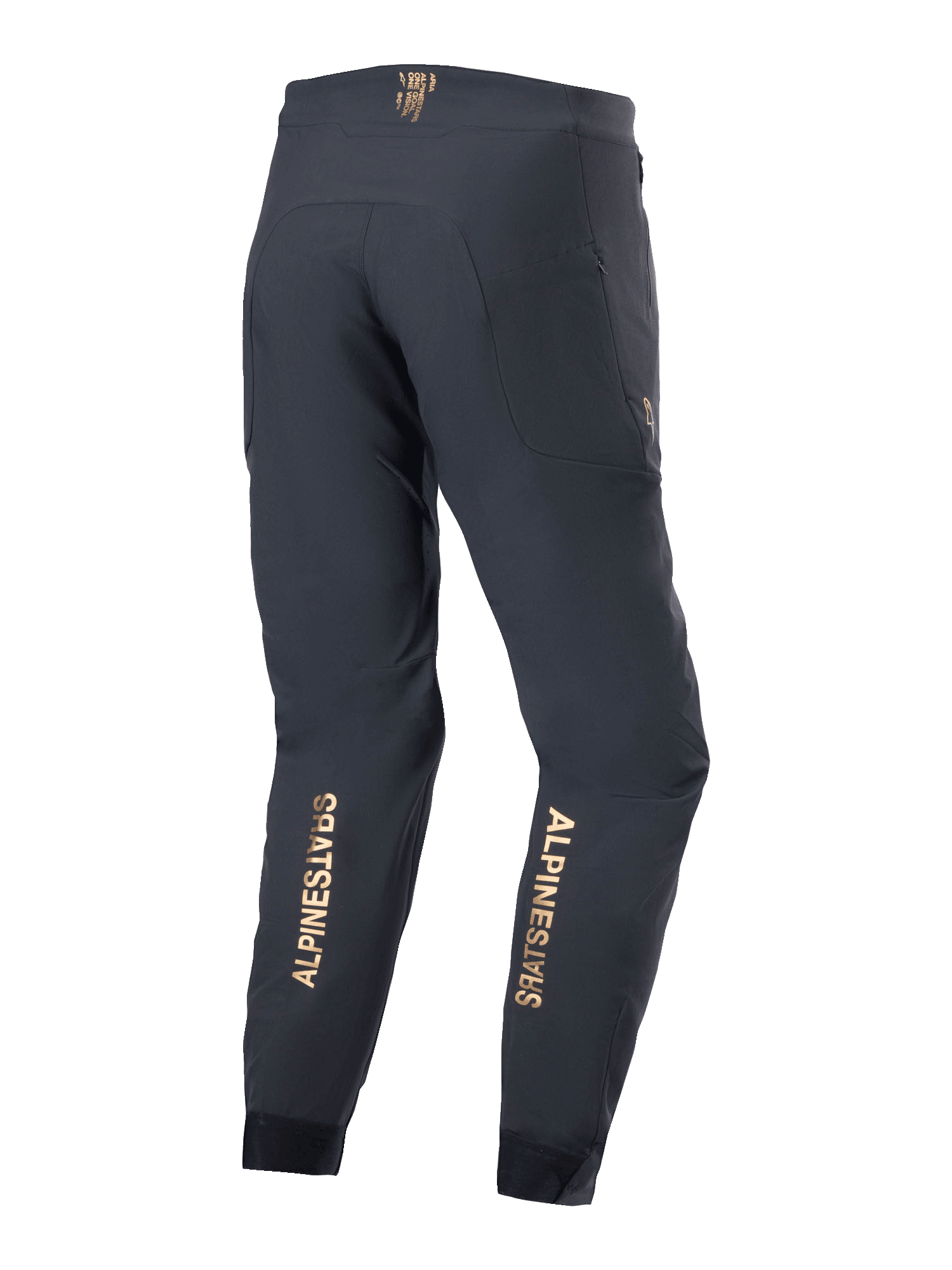 Alpinestars A-Aria Elite bukser, mountainbike-bukser, sort, set bagfra med lodrette guld-logoer på underbenene, performance-pasform med svedtransporterende linning og lynlåslommer, designet til off-road cykling.