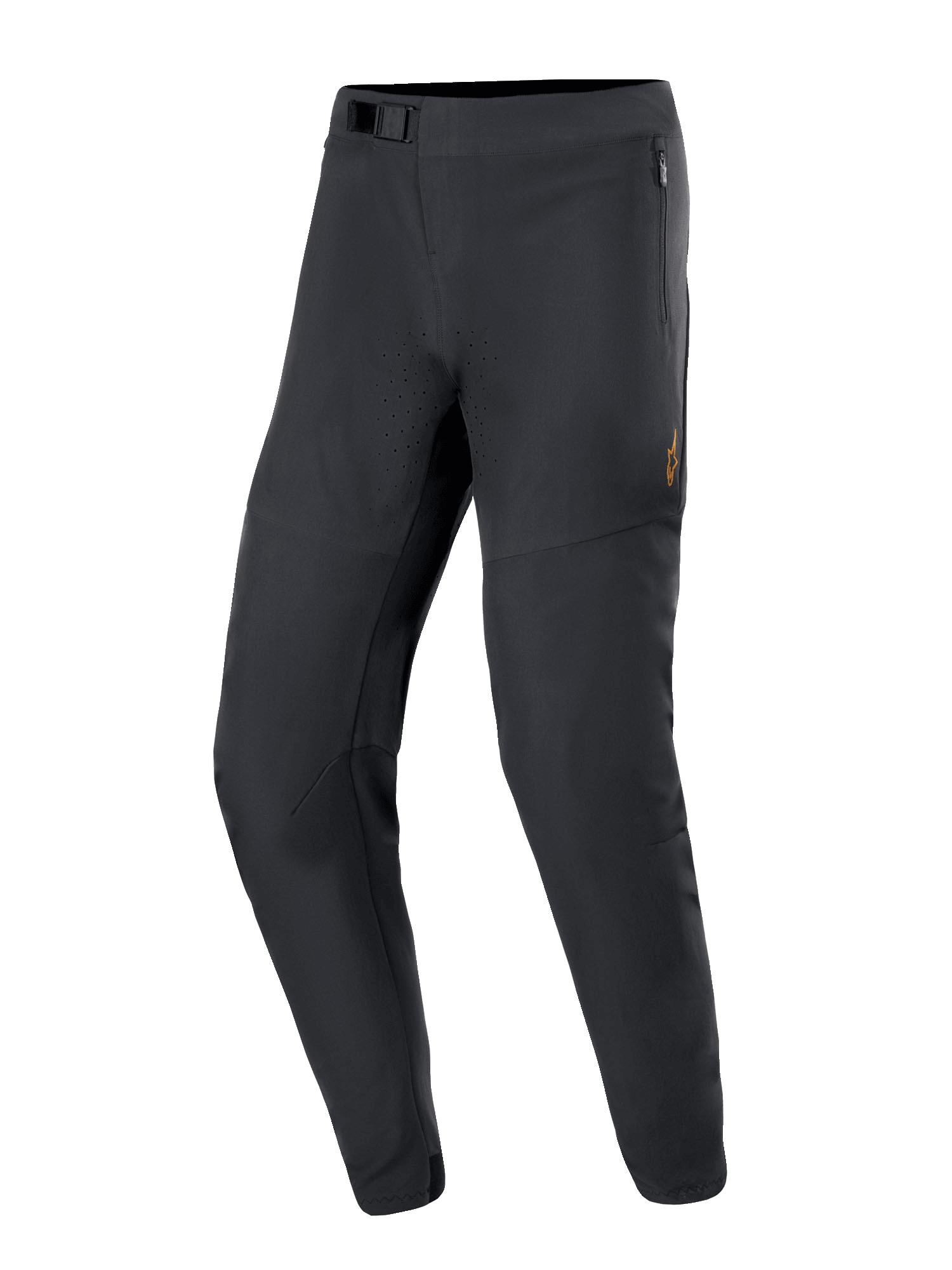 Alpinestars A-Aria Elite bukser, mountainbikebukser, sort, med laserperforeringer til ventilation, magnetisk spændelukning og lynlåslommer, slankt og tilspidset design til high-performance terrænkørsel