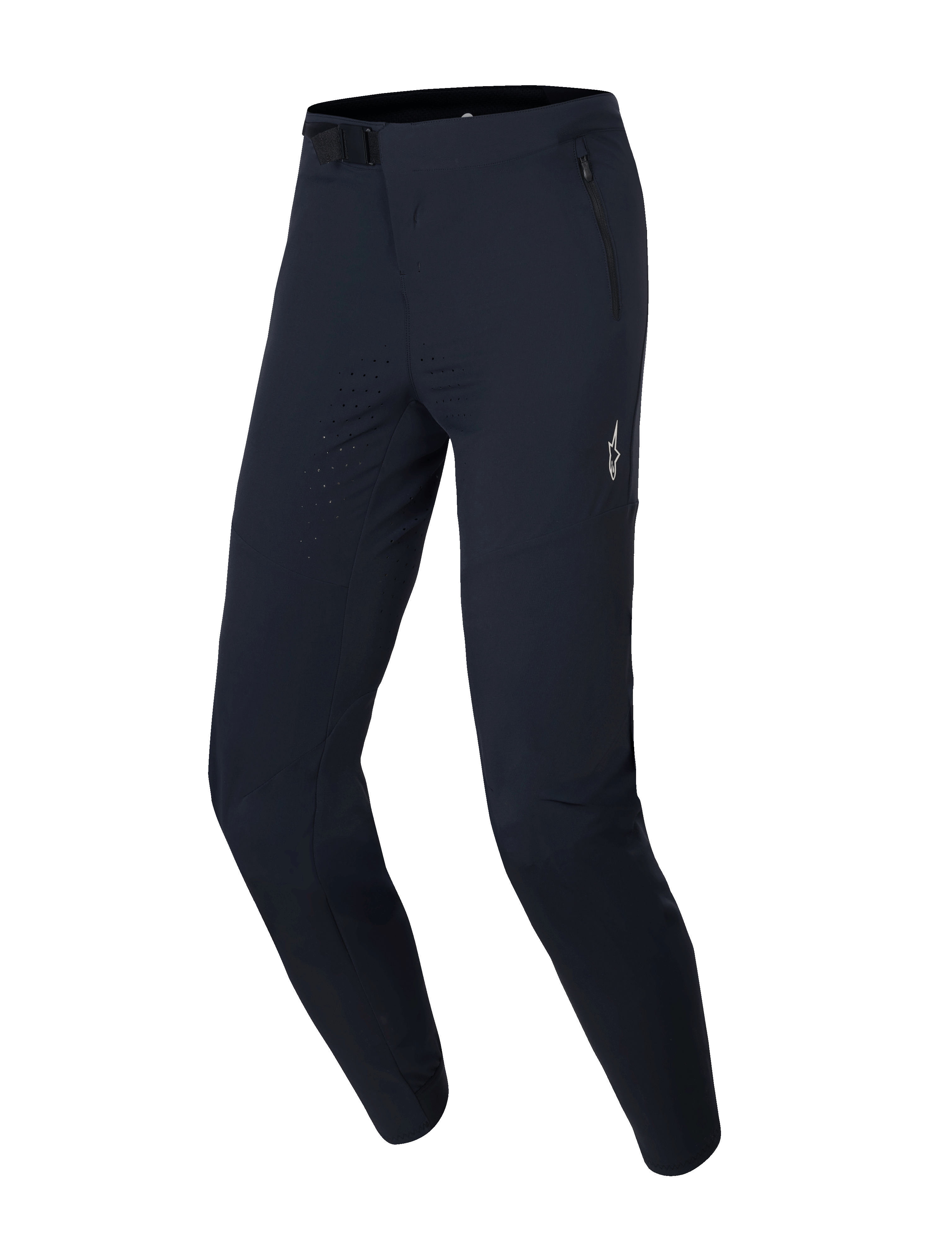 Alpinestars A-Aria Elite Pants, MTB Cycling Pants, Black Titanium, featuring laser-perforated ventilation on the thighs, magnetic buckle closure at the waist, and zippered pockets for off-road performance.