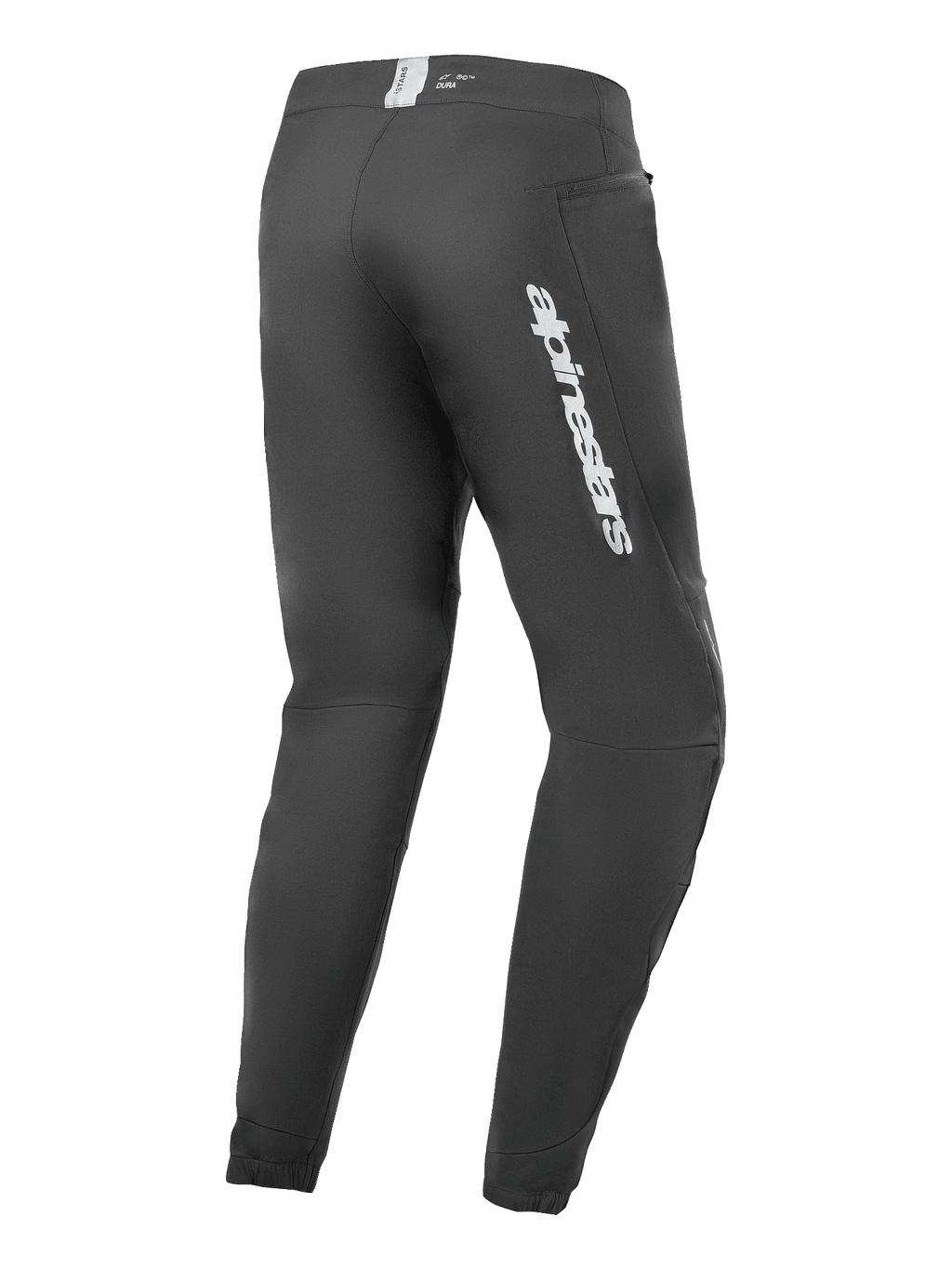 Alpinestars A-Dura Elite bukser, mountainbikebukser, sort, set bagfra med sølvfarvet Alpinestars-logo på låret, lynlåslomme og elastiske manchetter, holdbart teknisk udstyr til MTB