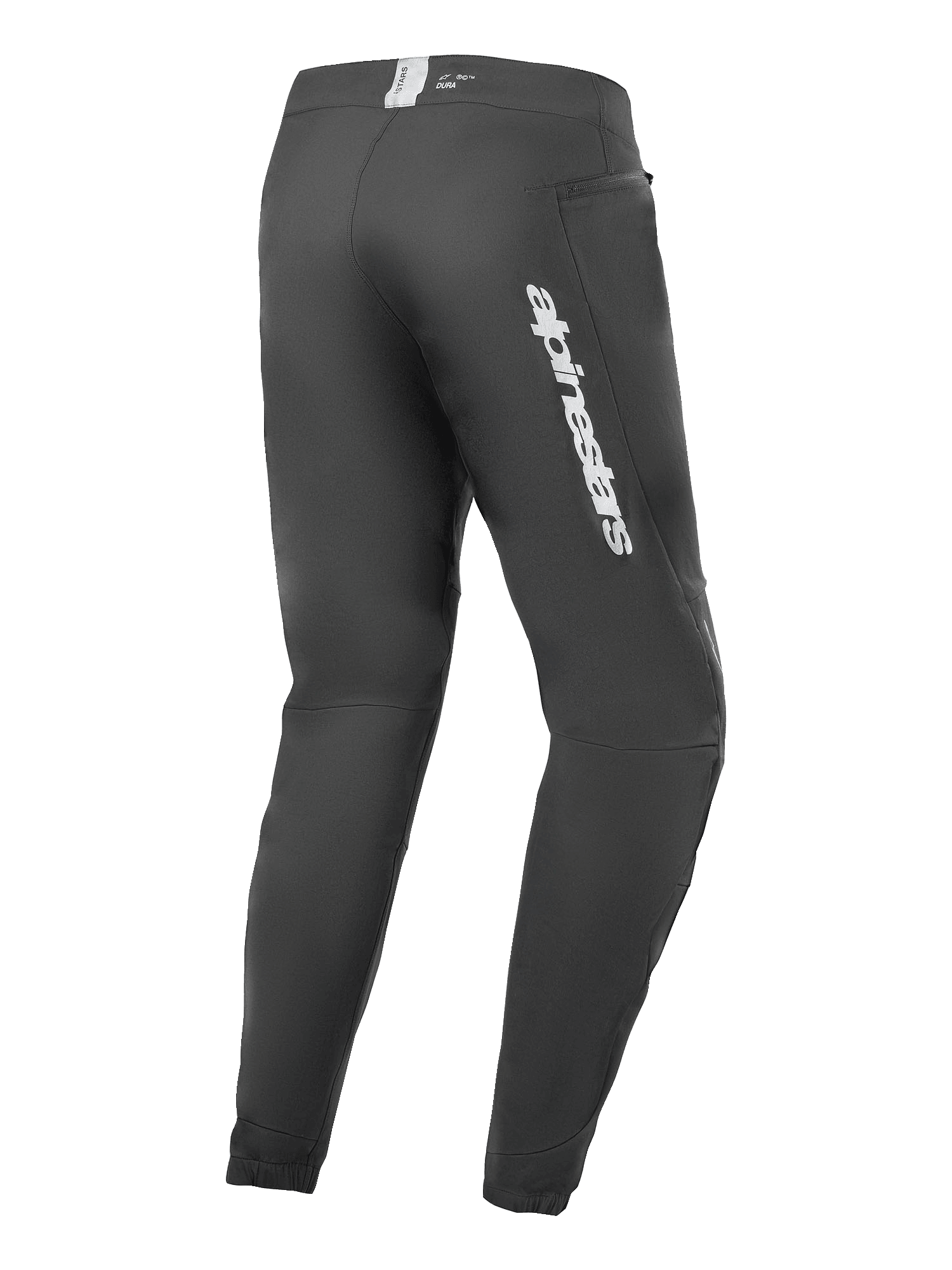 Alpinestars A-Dura Elite bukser, mountainbikebukser, sort, set bagfra med sølvfarvet Alpinestars-logo på låret, lynlåslomme og elastiske manchetter, holdbart teknisk udstyr til MTB