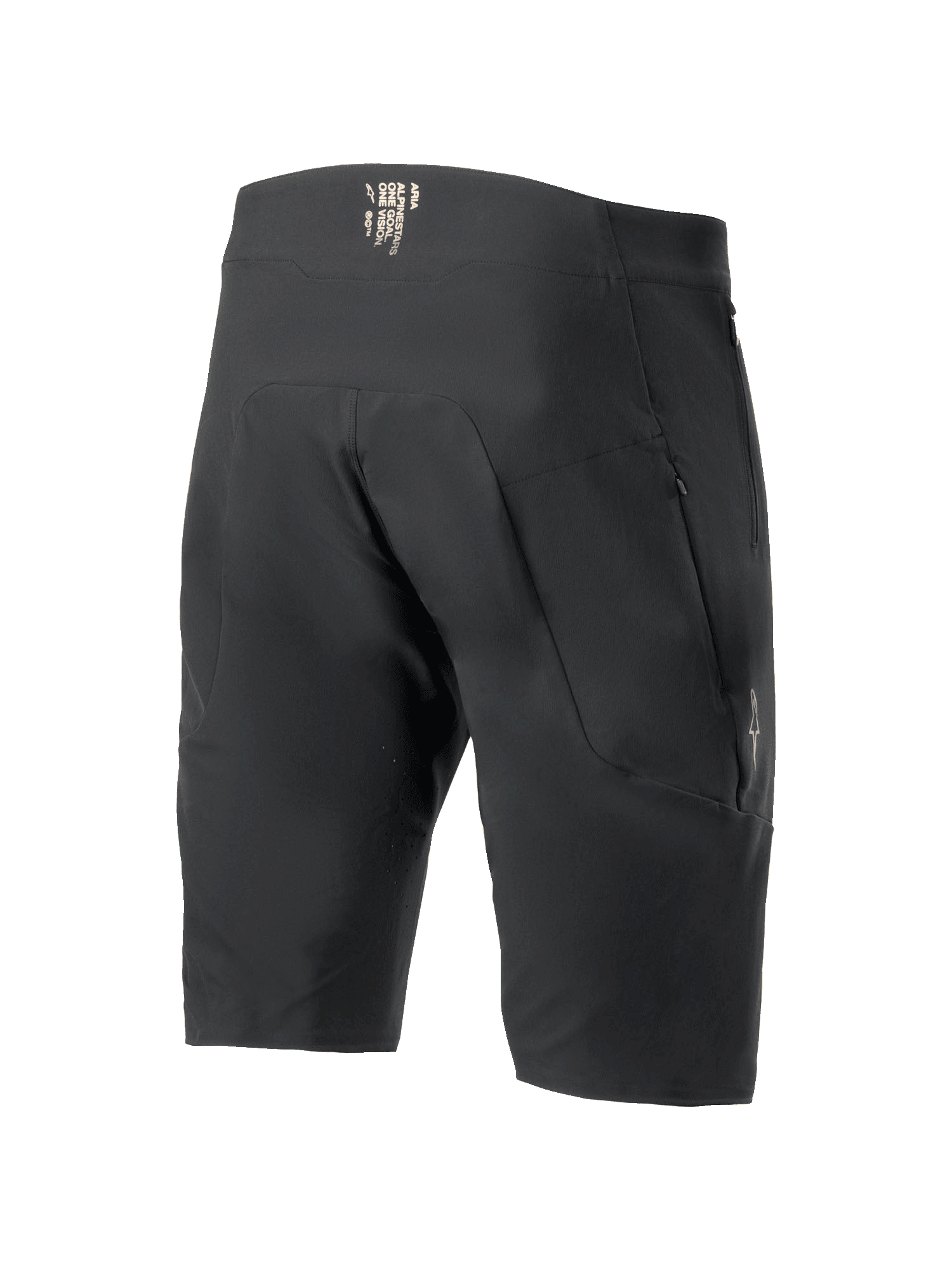 Alpinestars A-Aria Elite Shorts, mountainbike-shorts, sort, set bagfra med lynlåslommer og branding på linningen, teknisk pasform til terrængående cykling