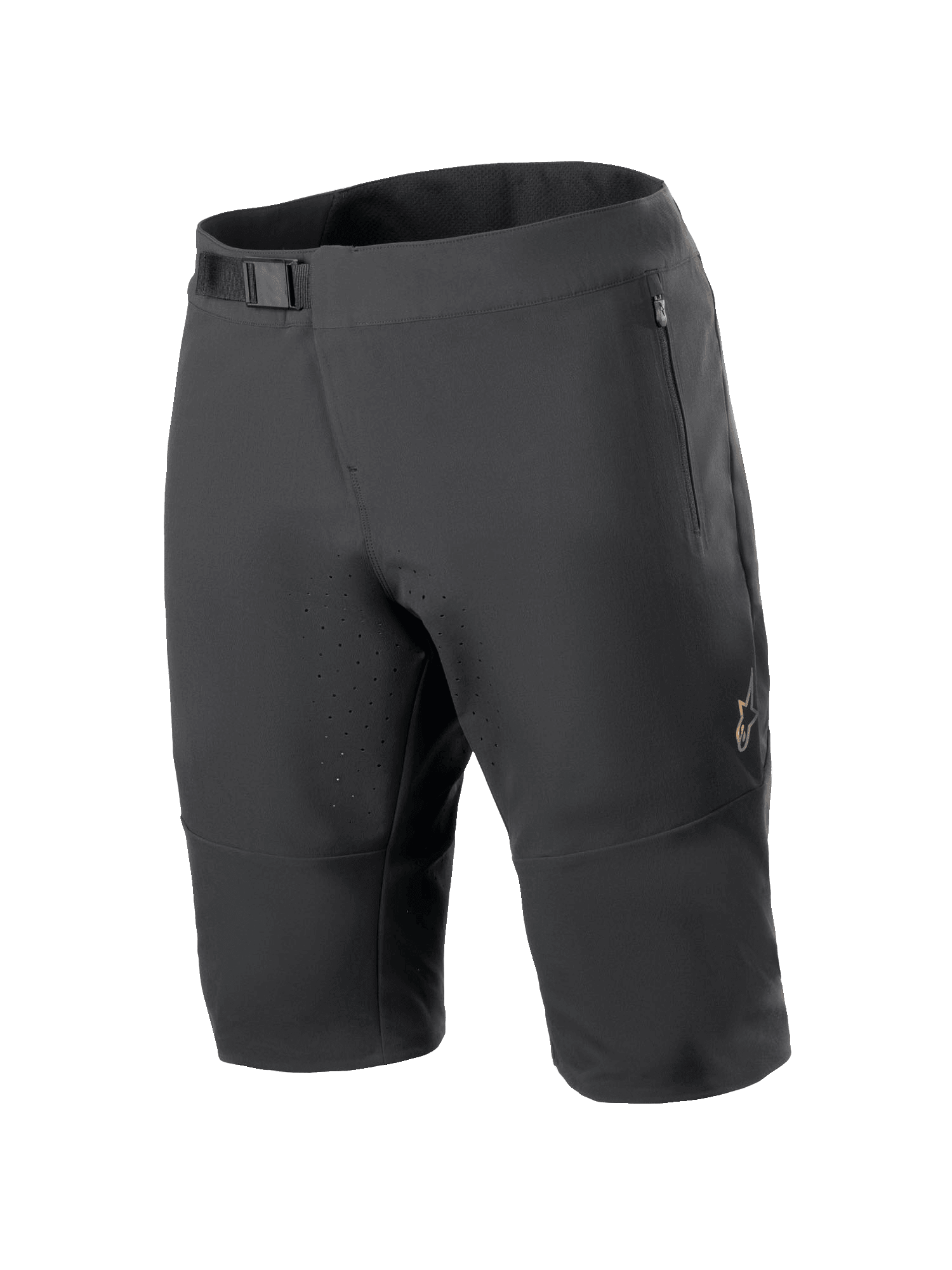 Alpinestars A-Aria Elite shorts, mountainbike shorts, sort, med magnetisk spændelukning i taljen, lynlåslommer, laserskårne ventilationshuller og 4-vejs strækmateriale til terrænkørsel