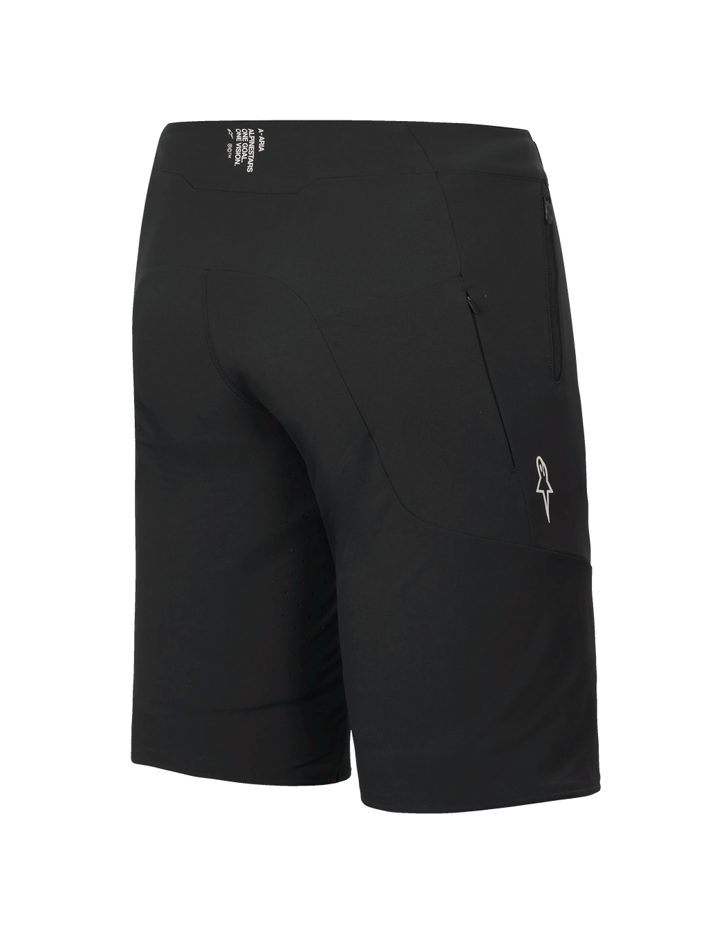Alpinestars A-Aria Elite Shorts, MTB-shorts, Black Titanium, set bagfra og fra siden, der viser lynlåslomme og hvidt stjernelogo, performance-pasform til cykling