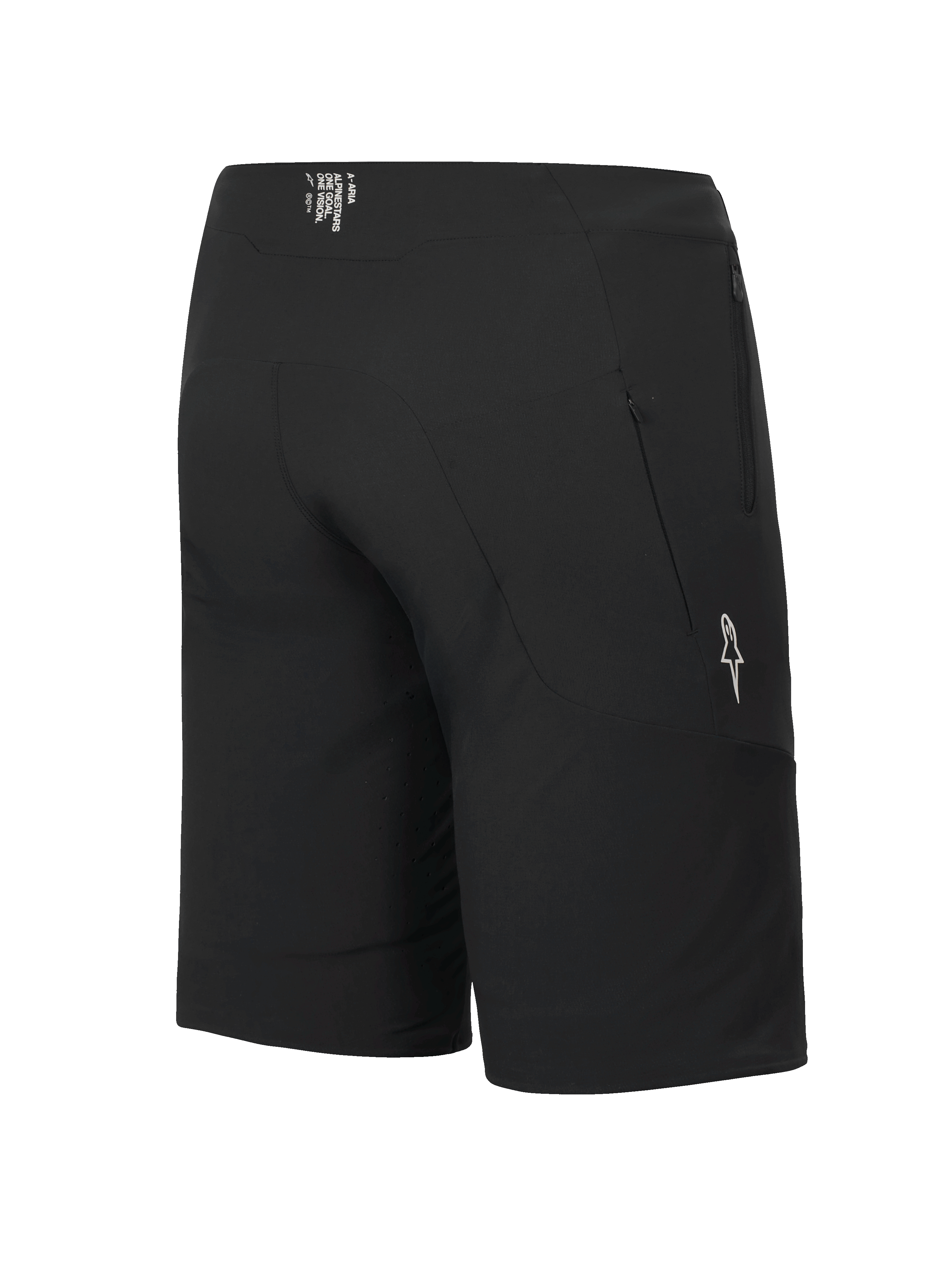 Alpinestars A-Aria Elite Shorts, MTB-shorts, Black Titanium, set bagfra og fra siden, der viser lynlåslomme og hvidt stjernelogo, performance-pasform til cykling