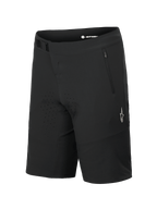 Alpinestars A-Aria Elite Shorts, mountainbike-shorts, Black Titanium, med magnetisk spænde og lynlåslomme, laserskårne ventilationshuller, hvidt A-star-logo på benet, teknisk beklædning til trailkørsel