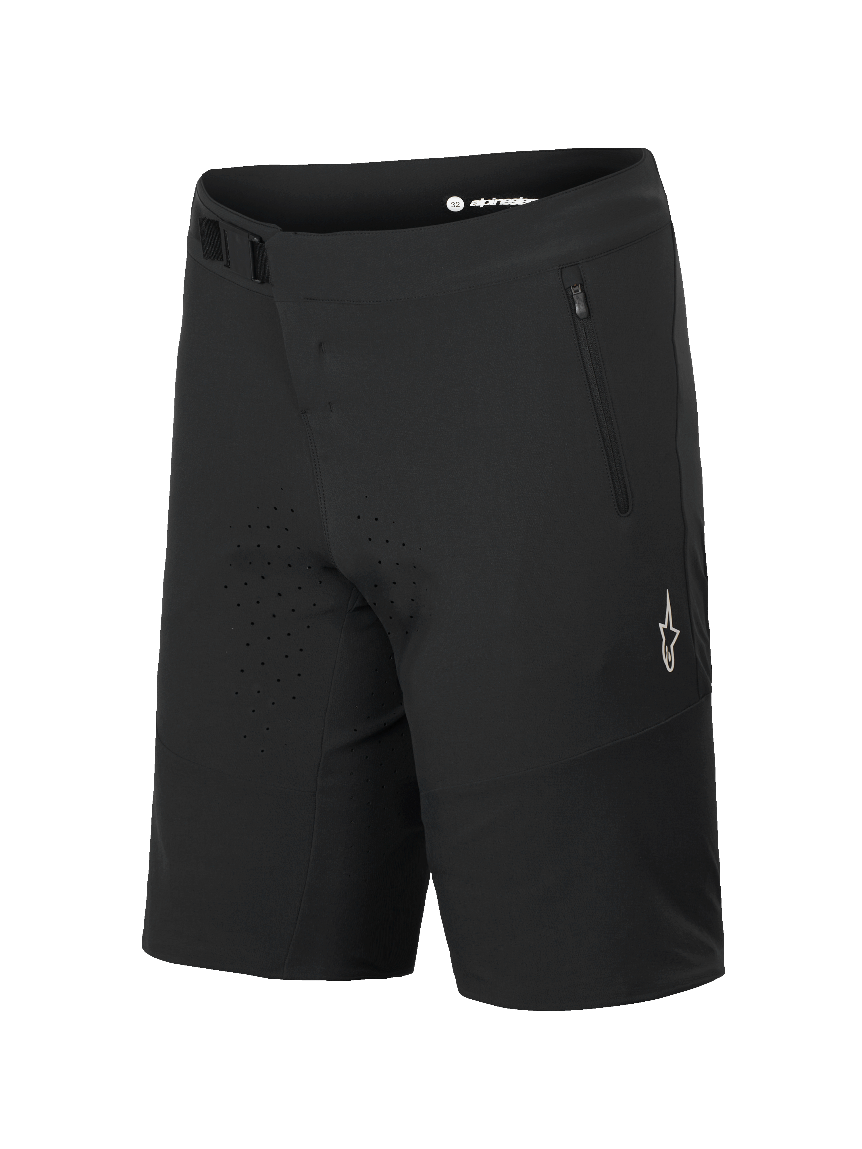 Alpinestars A-Aria Elite Shorts, mountainbike-shorts, Black Titanium, med magnetisk spænde og lynlåslomme, laserskårne ventilationshuller, hvidt A-star-logo på benet, teknisk beklædning til trailkørsel