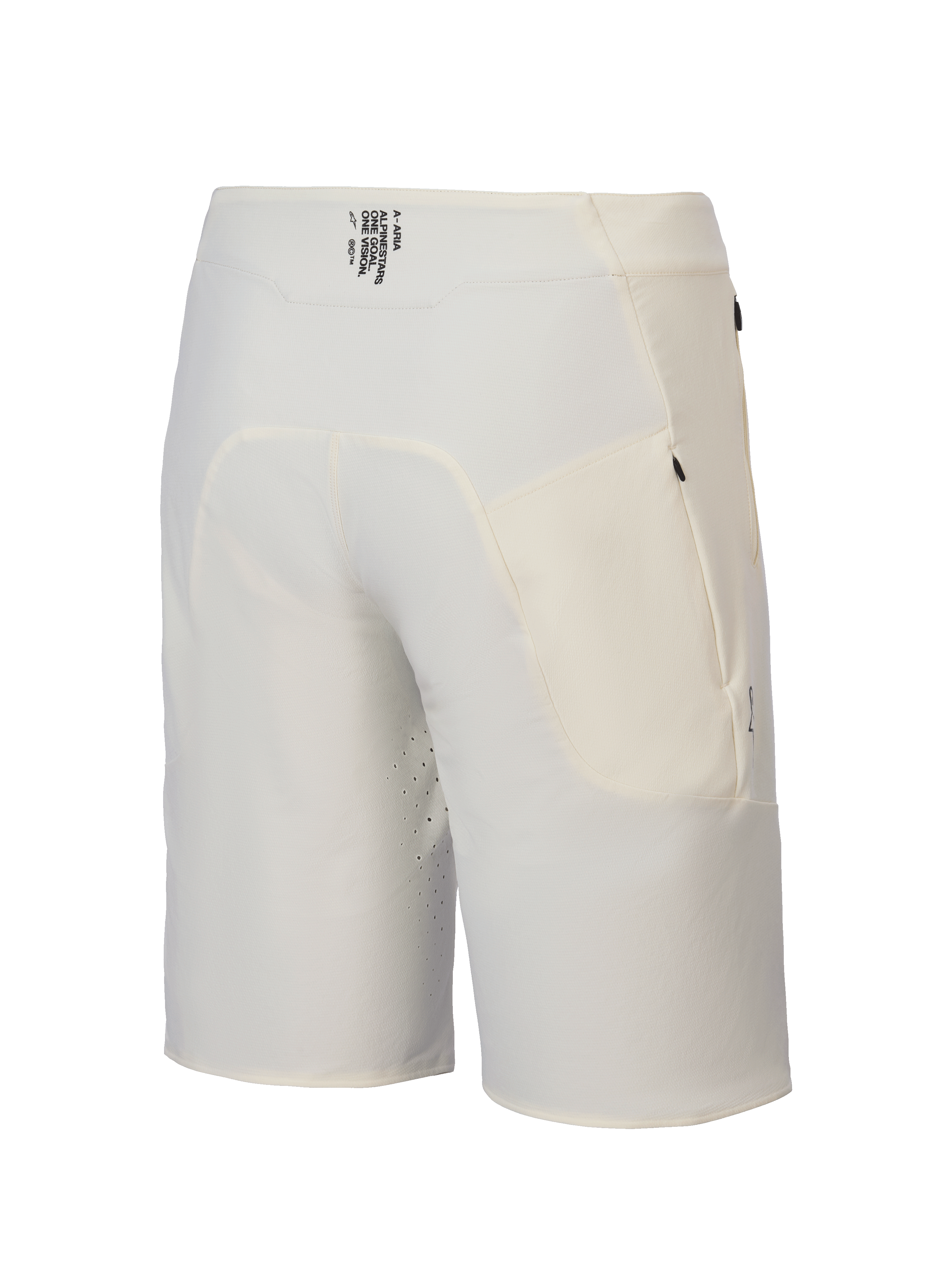 Alpinestars A-Aria Elite Shorts, men's mountain bike trail riding shorts in ecru, back view showing wicking waistband with branding and zippered pockets