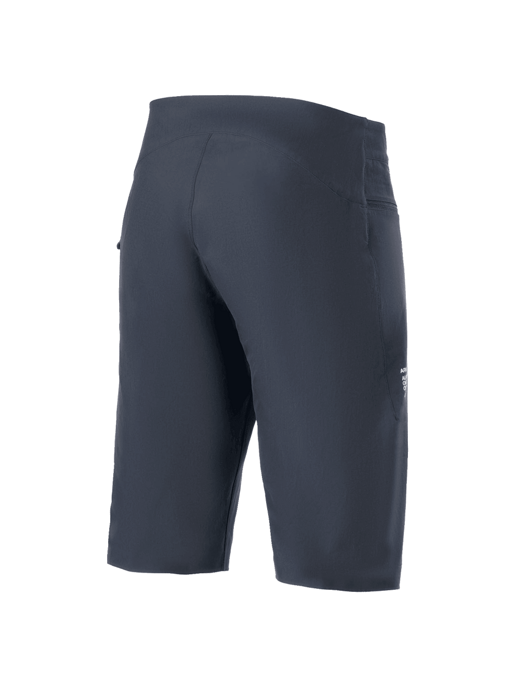 Alpinestars A-Aria shorts, mountainbike-shorts, sort, set bagfra i trekvart profil, ergonomisk performance-pasform, teknisk 4-vejs strækstof, diskret branding på siden, MTB-cykeltøj