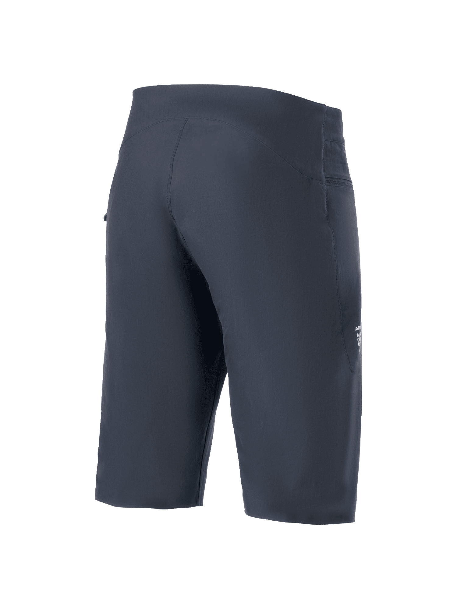 Alpinestars A-Aria shorts, mountainbike-shorts, sort, set bagfra i trekvart profil, ergonomisk performance-pasform, teknisk 4-vejs strækstof, diskret branding på siden, MTB-cykeltøj