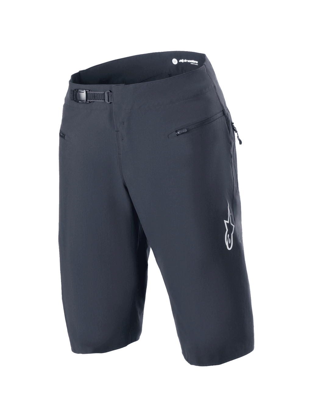 Alpinestars A-Aria Shorts, sorte, mountainbike-shorts med ratchet-lukkesystem i taljen og lynlåslommer foran, hvidt Astars-logo på benet, teknisk performance-cykeltøj