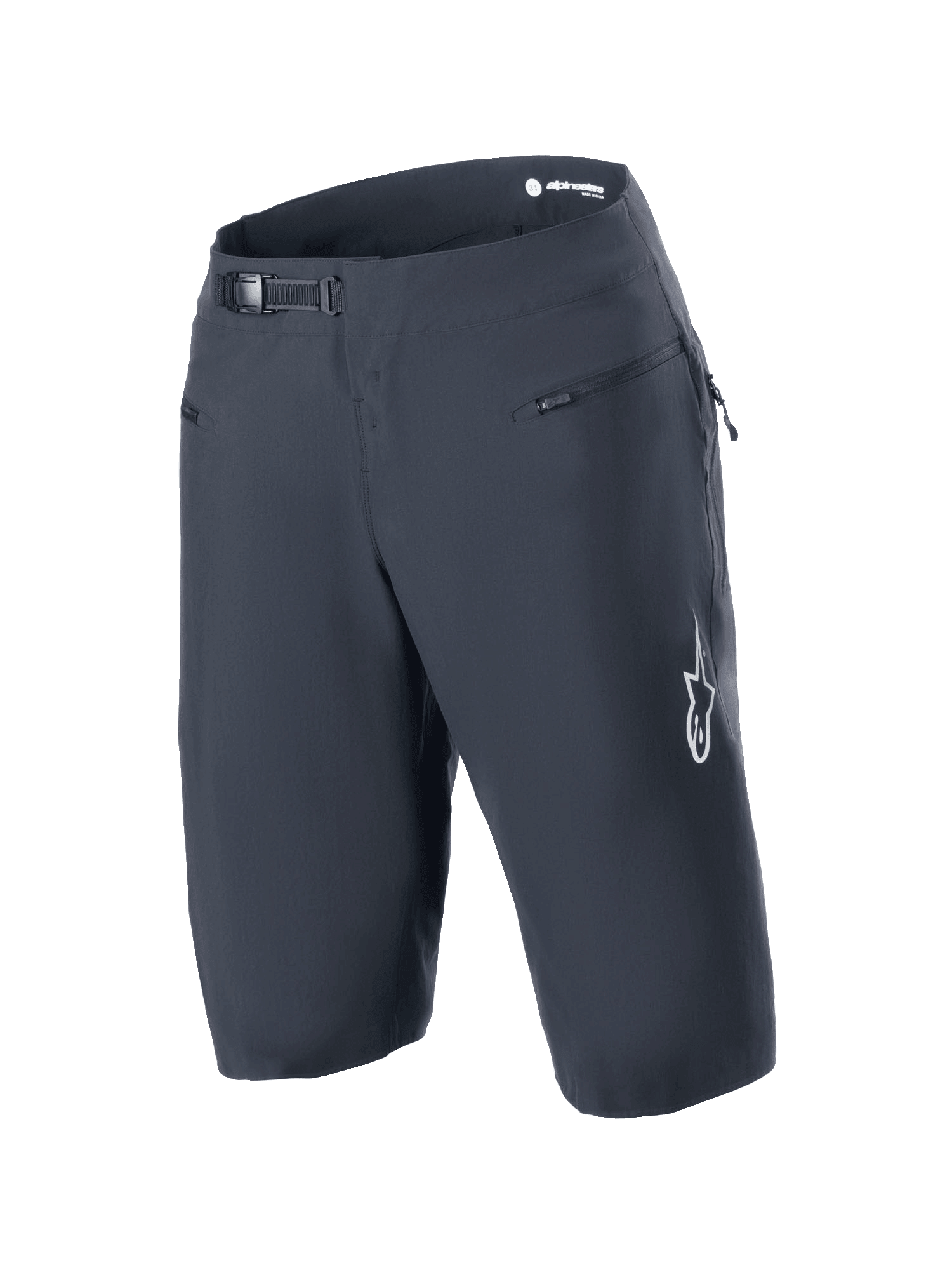 Alpinestars A-Aria Shorts, sorte, mountainbike-shorts med ratchet-lukkesystem i taljen og lynlåslommer foran, hvidt Astars-logo på benet, teknisk performance-cykeltøj