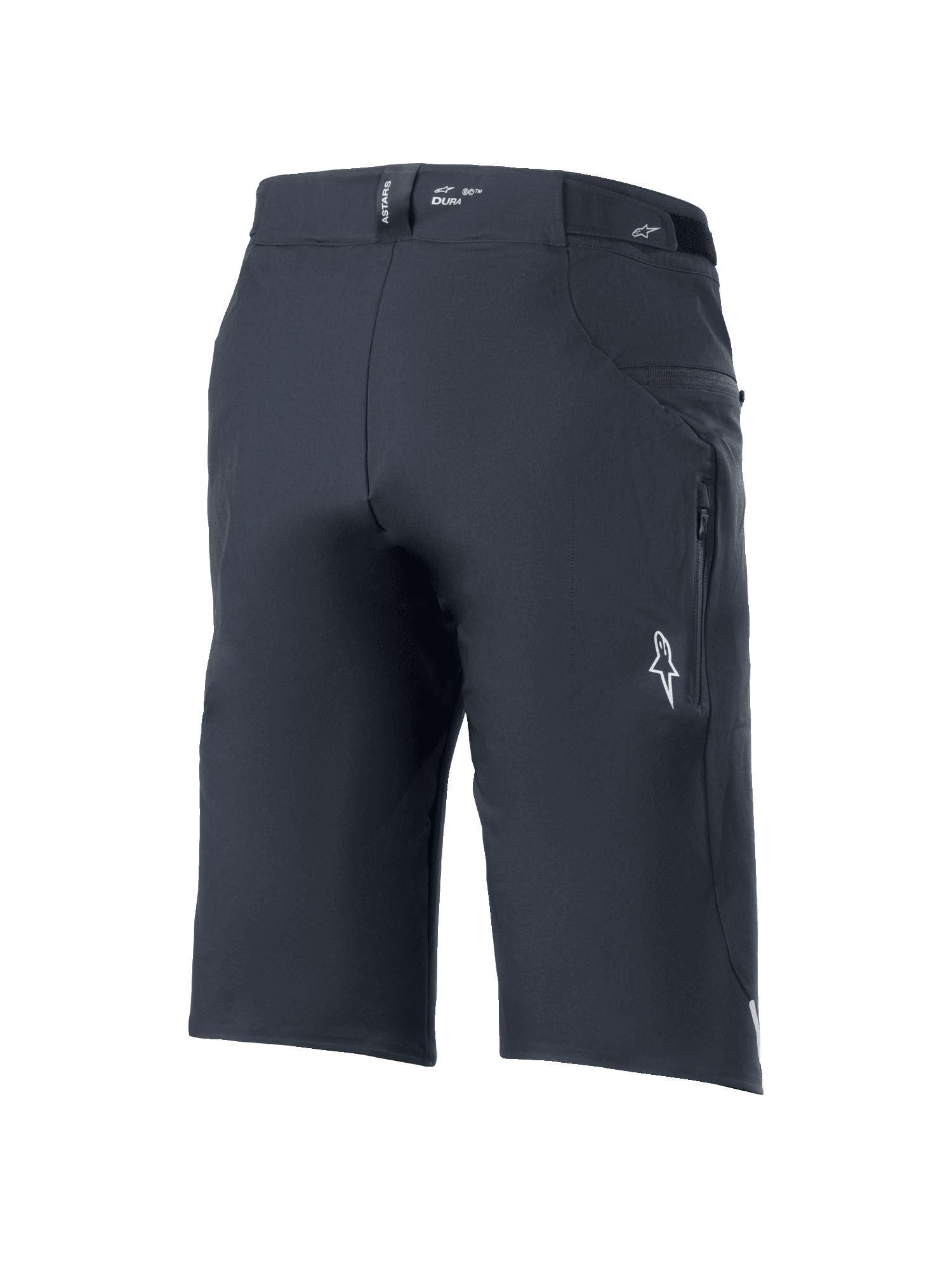 Alpinestars A-Dura Elite Shorts, Mountain Bike Shorts, Black, rear three-quarter view featuring zippered side pocket, white Astars logo, and "DURA" branding on the waistband, durable 4-way stretch Cordura fabric for off-road cycling