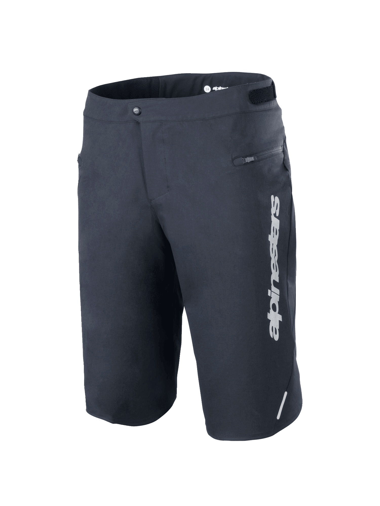Alpinestars A-Dura Elite Shorts, Mountain Bike Shorts, Black, featuring a vertical white Alpinestars logo on the left leg, zippered side pocket, snap front closure with hook-and-loop waist adjusters, reflective accent, durable 4-way stretch Cordura fabric for off-road cycling