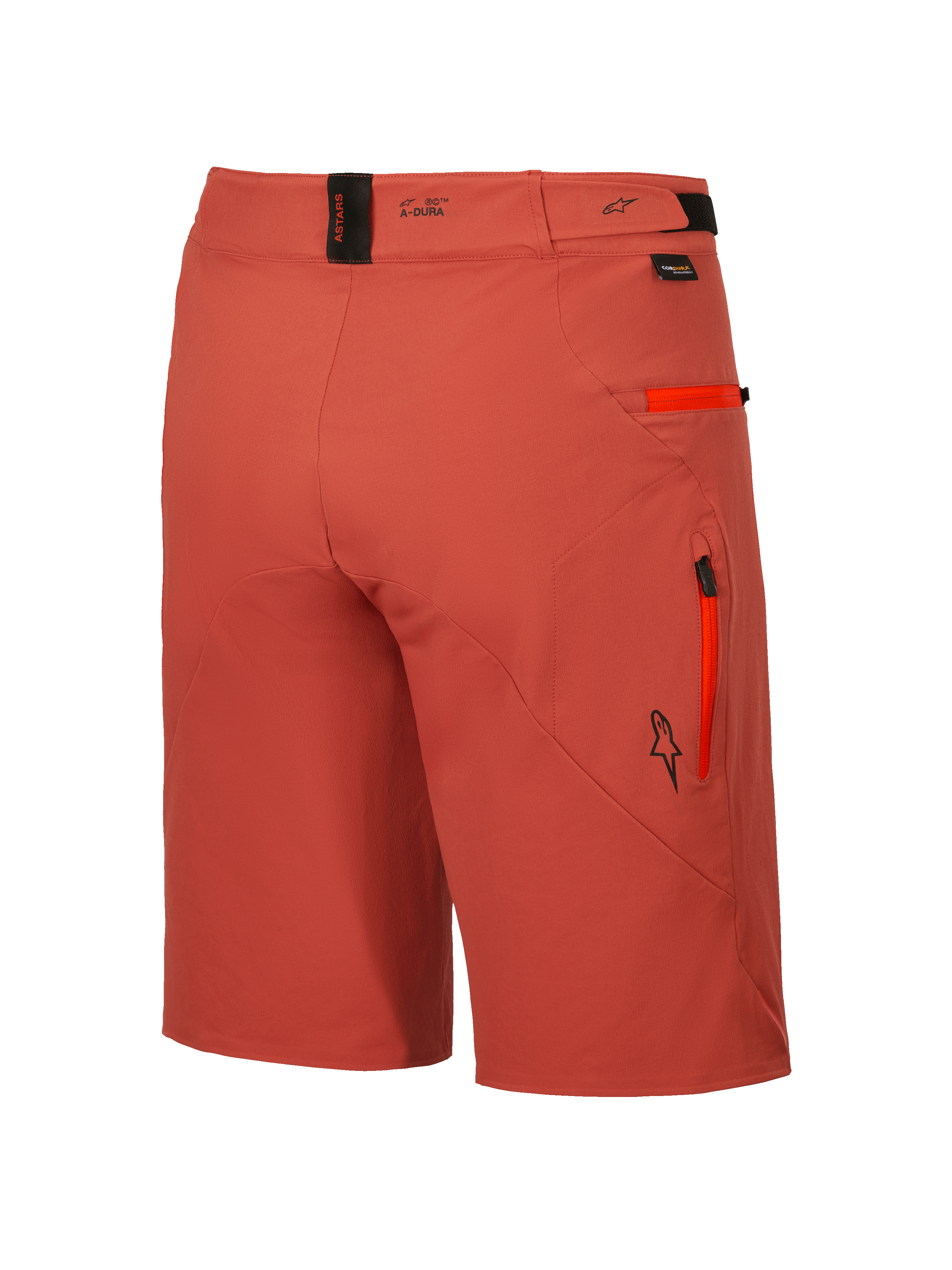 Alpinestars A-Dura Elite Shorts, Men's MTB Cycling Shorts in Dark Orange, featuring durable 4-way stretch Cordura fabric, secure zippered pockets, and adjustable waist