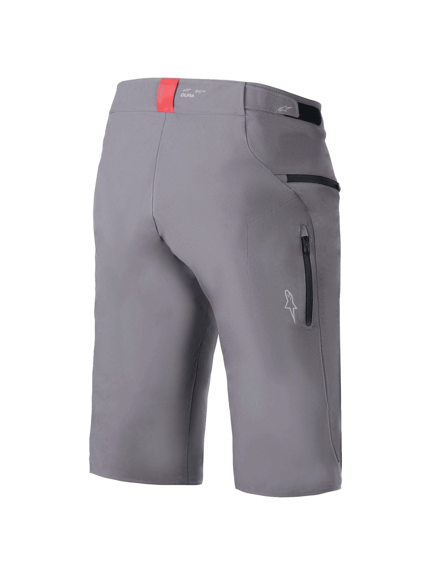 Alpinestars A-Dura Elite Shorts, MTB Cycling Shorts, Dark Gray, rear three-quarter view showing zippered side pockets, hook and loop waist adjusters, and a red accent tab on the waistband, durable 4-way stretch Cordura fabric, regular fit for mountain biking