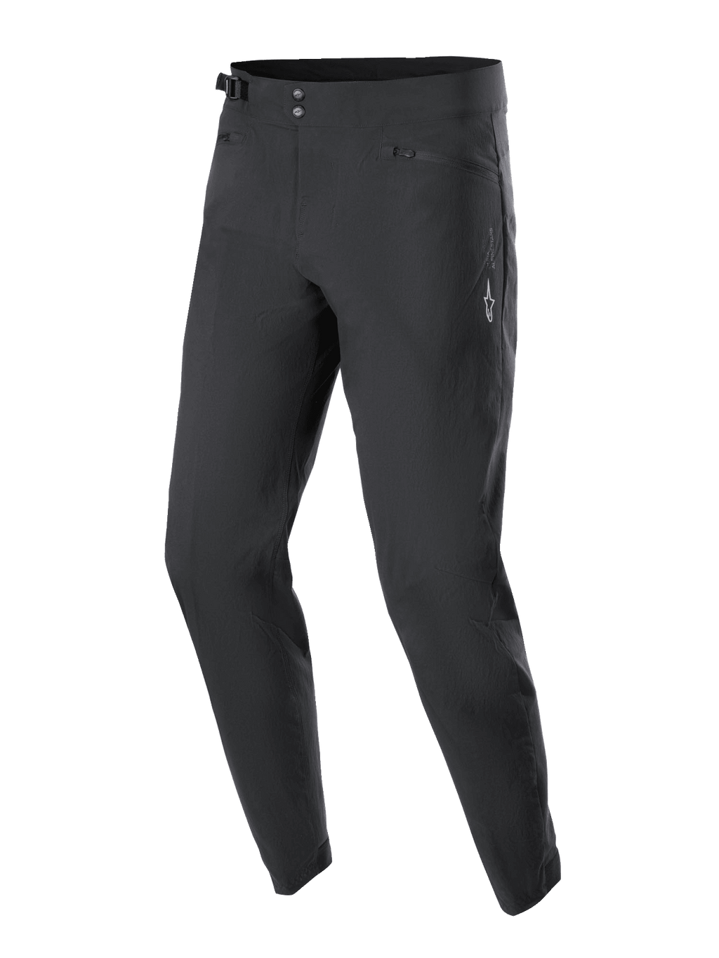 Alpinestars A-Dura bukser, mountainbike-cykelbukser, sort, med dobbelt tryklåslukning i taljen, sidejusteringer, lynlåslommer med mesh-for og et hvidt Astars-logo på låret, designet til holdbarhed i terrænet.