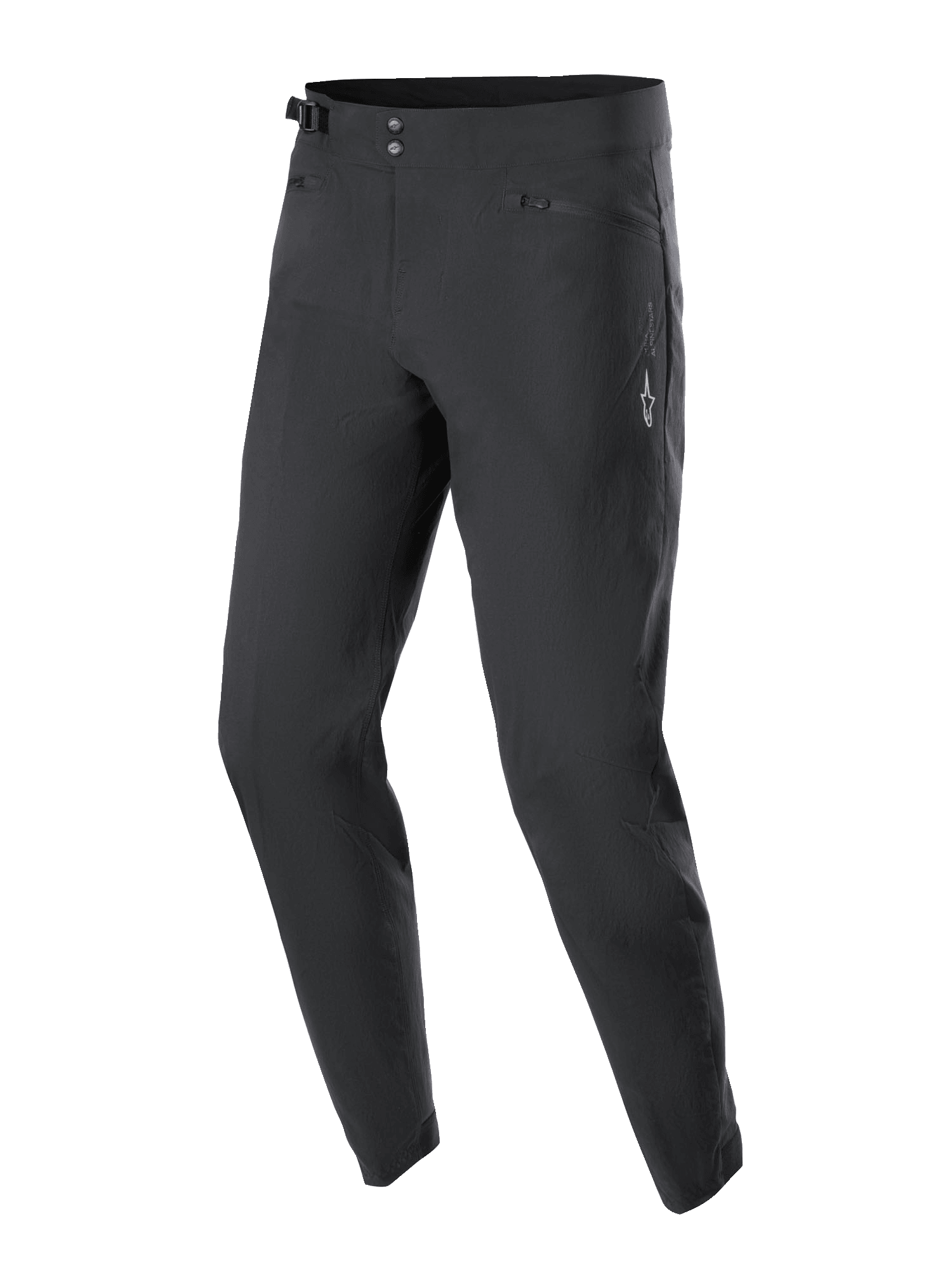 Alpinestars A-Dura bukser, mountainbike-cykelbukser, sort, med dobbelt tryklåslukning i taljen, sidejusteringer, lynlåslommer med mesh-for og et hvidt Astars-logo på låret, designet til holdbarhed i terrænet.