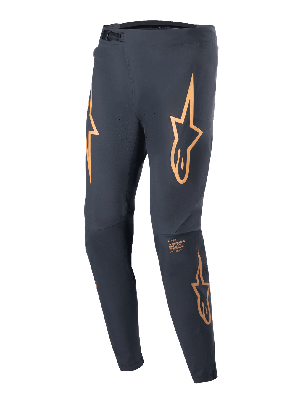 Alpinestars A-Supra Race bukser, MTB-racerbukser, sort med markante orange stjernelogoer på lårene, ratchet-lukning foran, laserperforeret ventilation og en tilspidset atletisk pasform.