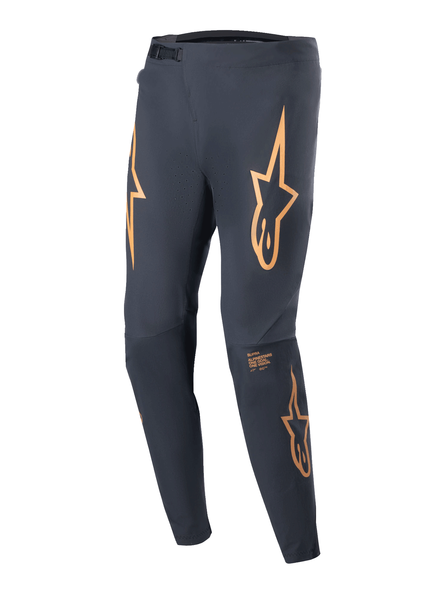 Alpinestars A-Supra Race bukser, MTB-racerbukser, sort med markante orange stjernelogoer på lårene, ratchet-lukning foran, laserperforeret ventilation og en tilspidset atletisk pasform.