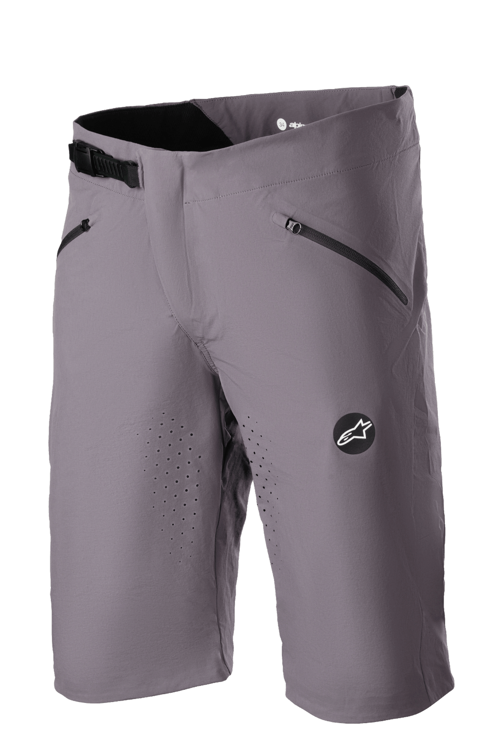 Alpinestars Drop Algorithm shorts, MTB-cykelshorts, Sparrow Gray, laserperforeret ventilation på lårene, to sorte lynlåslommer, justerbart skraldespænde i taljen, Alpinestars stjernelogo-mærke, let teknisk strækstof