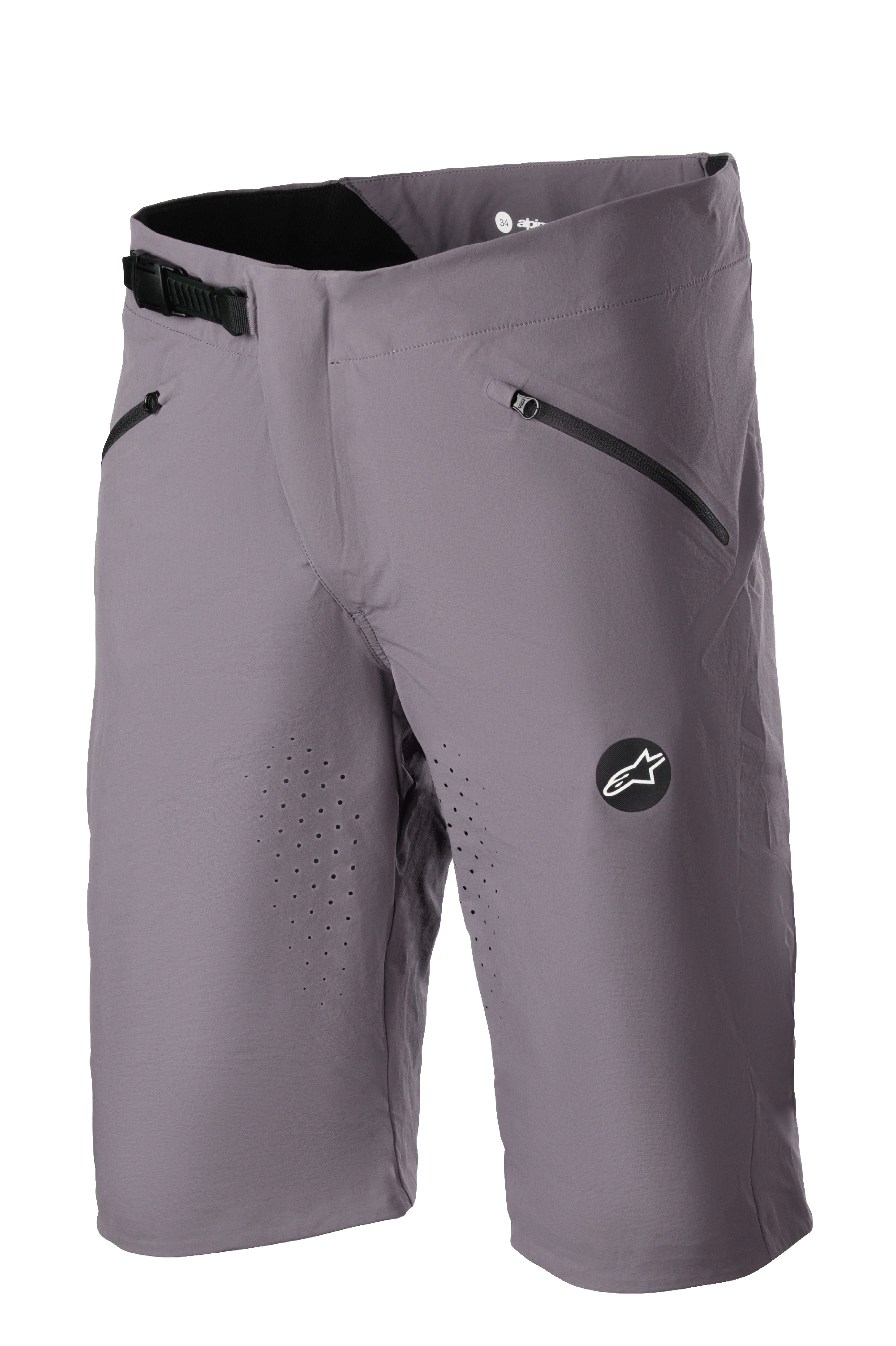 Alpinestars Drop Algorithm shorts, MTB-cykelshorts, Sparrow Gray, laserperforeret ventilation på lårene, to sorte lynlåslommer, justerbart skraldespænde i taljen, Alpinestars stjernelogo-mærke, let teknisk strækstof