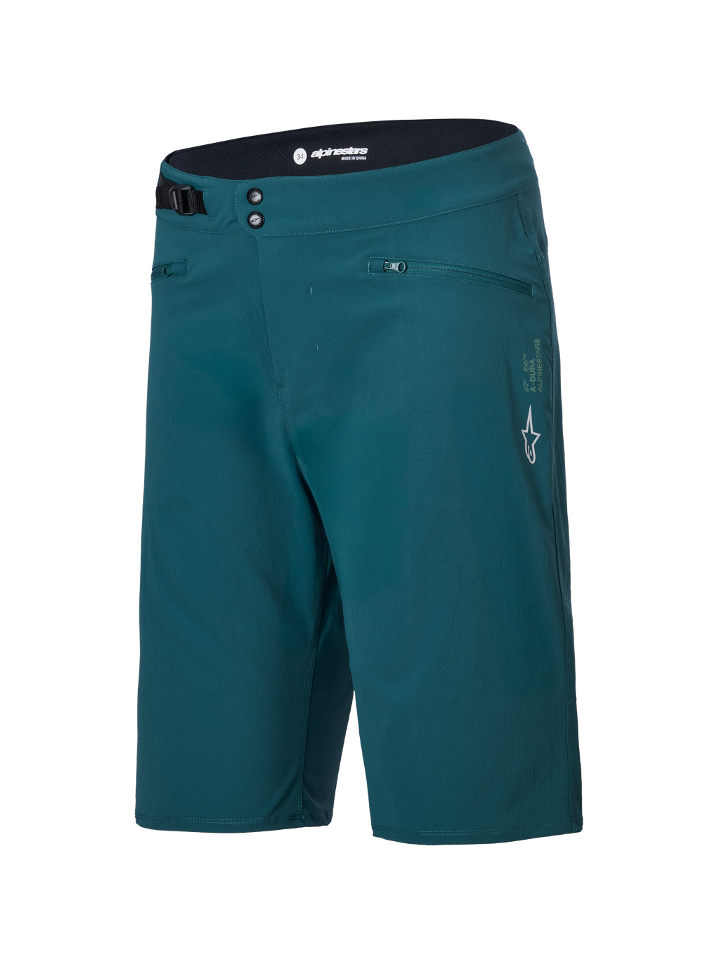 Alpinestars A-Dura shorts, mountainbike-shorts, mørkegrøn, med lynlåslommer, dobbelt trykknaplukning foran, justerbar taljejustering i siden og hvidt Alpinestars-logo på venstre ben, slidstærkt design til MTB-cykling