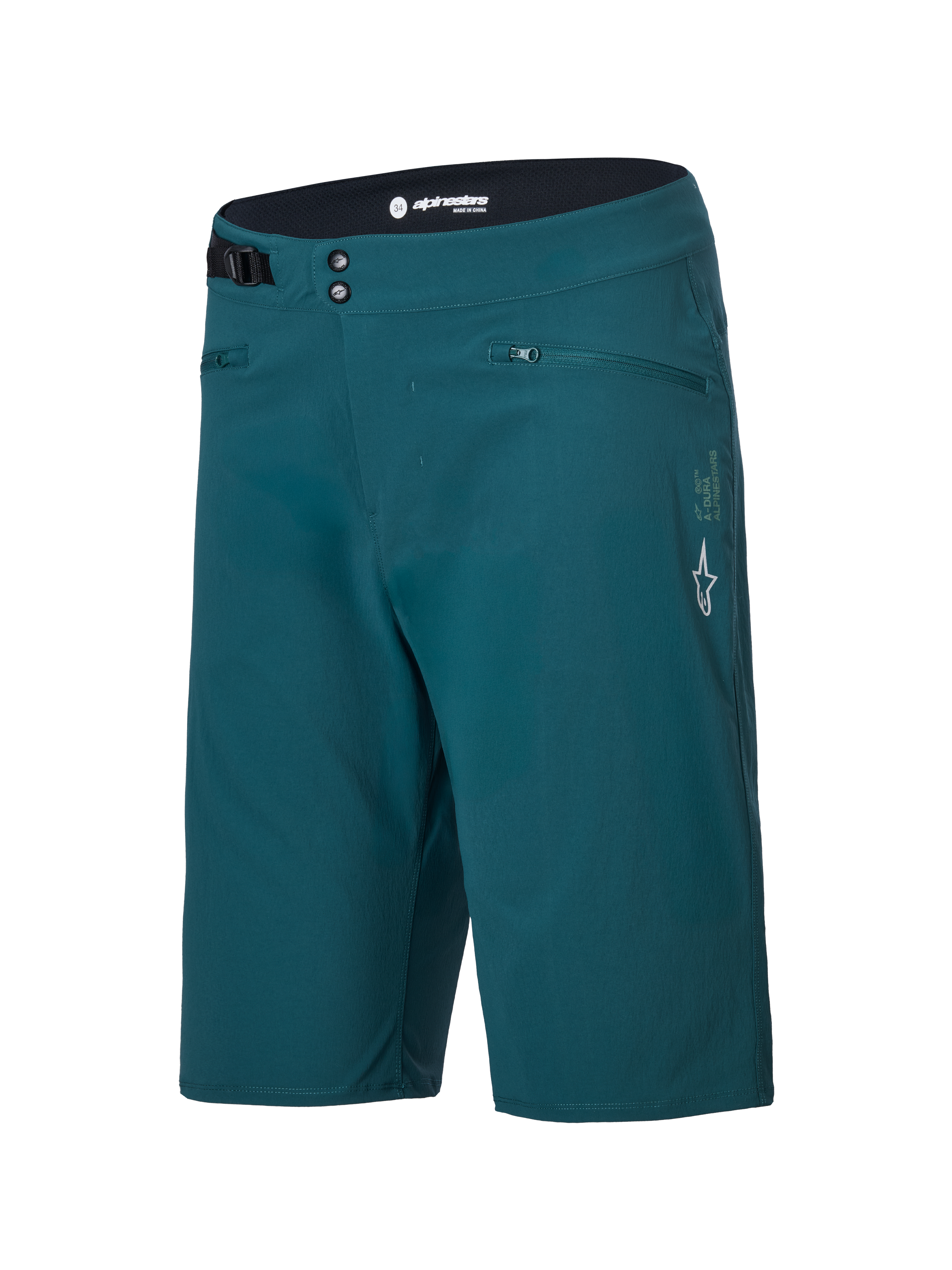 Alpinestars A-Dura shorts, mountainbike-shorts, mørkegrøn, med lynlåslommer, dobbelt trykknaplukning foran, justerbar taljejustering i siden og hvidt Alpinestars-logo på venstre ben, slidstærkt design til MTB-cykling