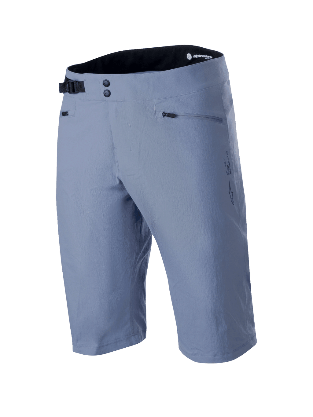 Alpinestars A-Dura Shorts, mountainbike-shorts, Infinity Blue, med dobbelt tryknapslukning foran, justerbart sort spænde i siden, lynlåslommer og tekstureret 2-vejs strækstof, teknisk MTB-beklædning