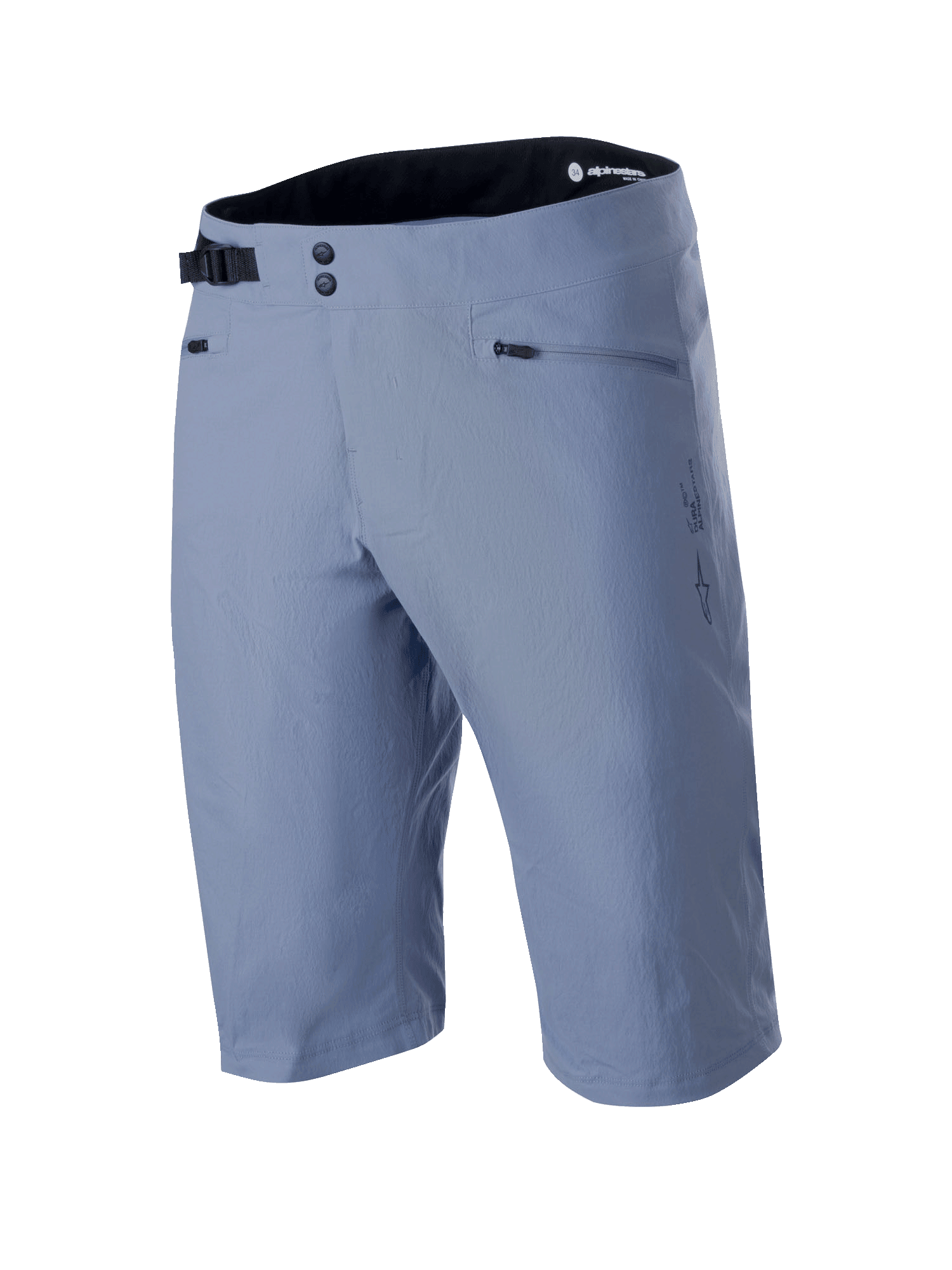 Alpinestars A-Dura Shorts, mountainbike-shorts, Infinity Blue, med dobbelt tryknapslukning foran, justerbart sort spænde i siden, lynlåslommer og tekstureret 2-vejs strækstof, teknisk MTB-beklædning