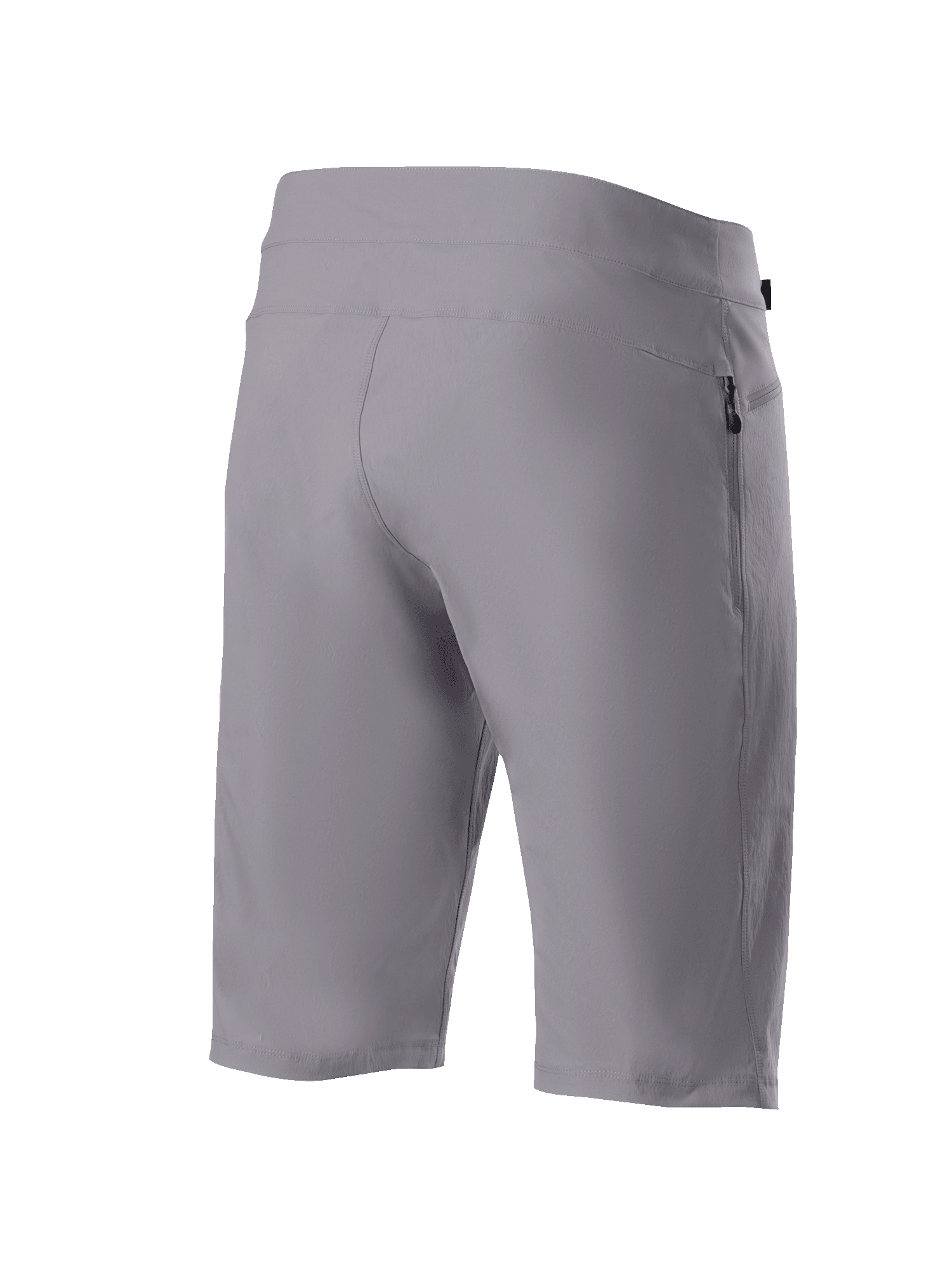 Alpinestars A-Dura Shorts, mountainbike-shorts, mørkegrå, trekvart profil bagfra viser holdbart 2-vejs strækstof og lynlåslomme på siden, teknisk cykeltøj