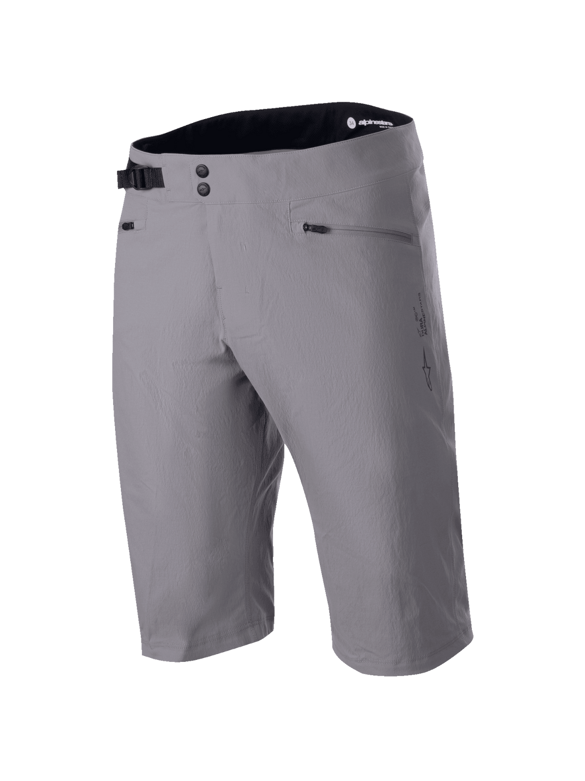Alpinestars A-Dura shorts, MTB-shorts, mørkegrå, knælangt design med dobbelt tryklåslukning og justerbar taljejustering i siden, lynlåslommer, teknisk 2-vejs strækstof til mountainbike