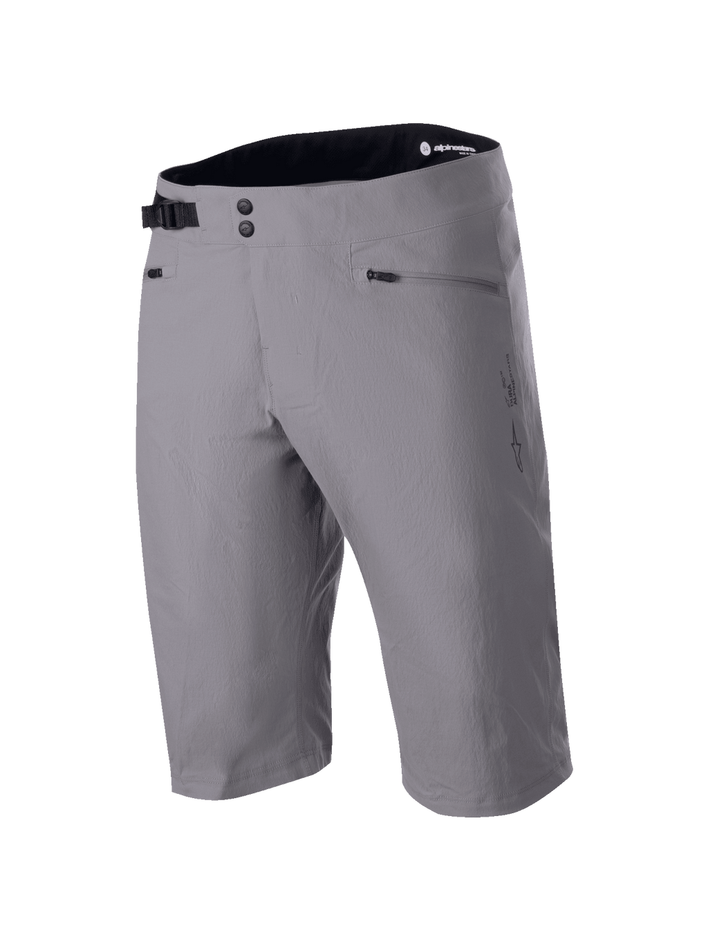 Alpinestars A-Dura shorts, MTB-shorts, mørkegrå, knælangt design med dobbelt tryklåslukning og justerbar taljejustering i siden, lynlåslommer, teknisk 2-vejs strækstof til mountainbike