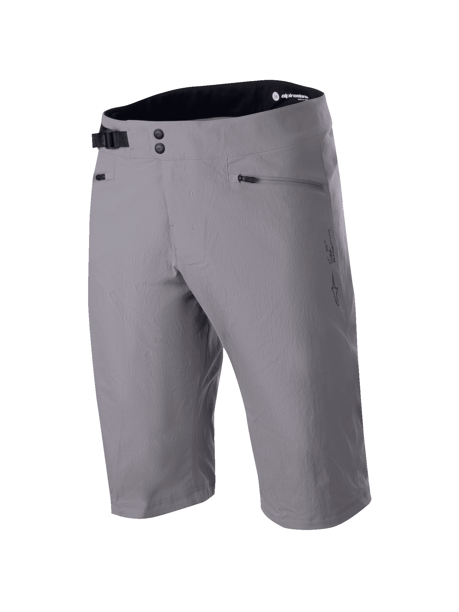 Alpinestars A-Dura shorts, MTB-shorts, mørkegrå, knælangt design med dobbelt tryklåslukning og justerbar taljejustering i siden, lynlåslommer, teknisk 2-vejs strækstof til mountainbike