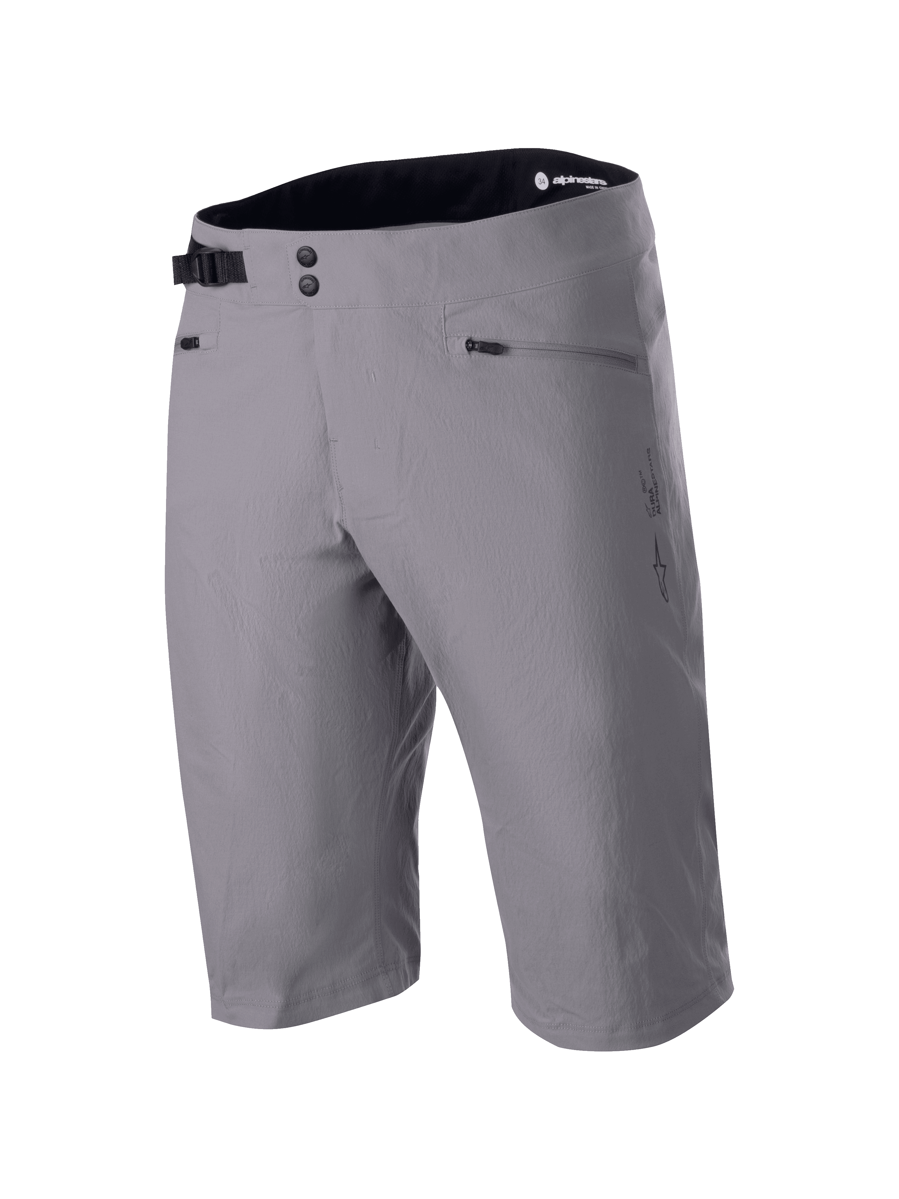 Alpinestars A-Dura Liner Shorts, Dark Gray MTB Mountain Bike Shorts, double snap front closure with adjustable side cinch buckle, zippered hand pockets, durable 2-way stretch textile fabric, Astars logo on the side, black interior waistband
