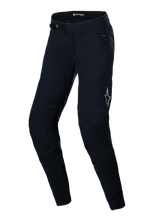 Alpinestars Stella A-Dura termobukser, MTB-bukser til damer, sort, med skraldelukning i taljen, lynlåslomme på hoften og reflekterende Alpinestars-logo på låret, anatomisk forbuet design for kørekomfort