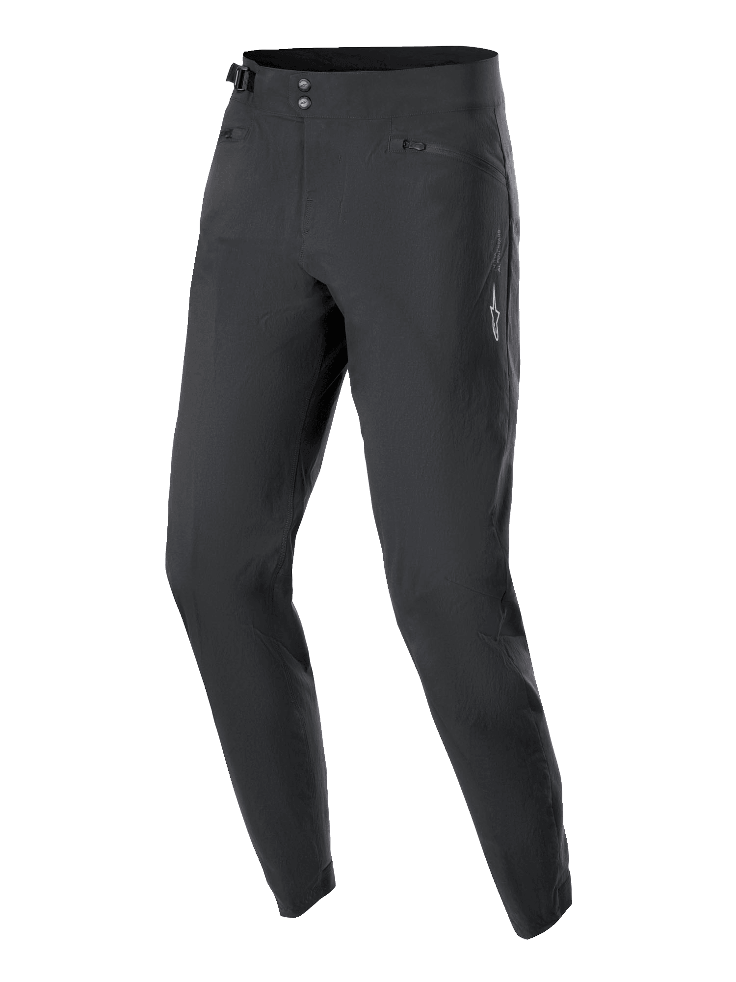 Alpinestars Stella A-Dura bukser til kvinder, MTB-cykelbukser, sorte, med dobbelt trykknaplukning foran, justerbar taljejustering i siderne og lynlåslommer, minimalistisk design med et lille hvidt stjernelogo, holdbart 2-vejs strækstof til terrænkørsel