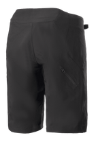 Alpinestars Stella Drop Algorithm shorts til kvinder, sort, mountainbike-shorts, set bagfra med tekniske paneler og diagonal lynlåslomme på højre ben, let og holdbart design til terrænkørsel